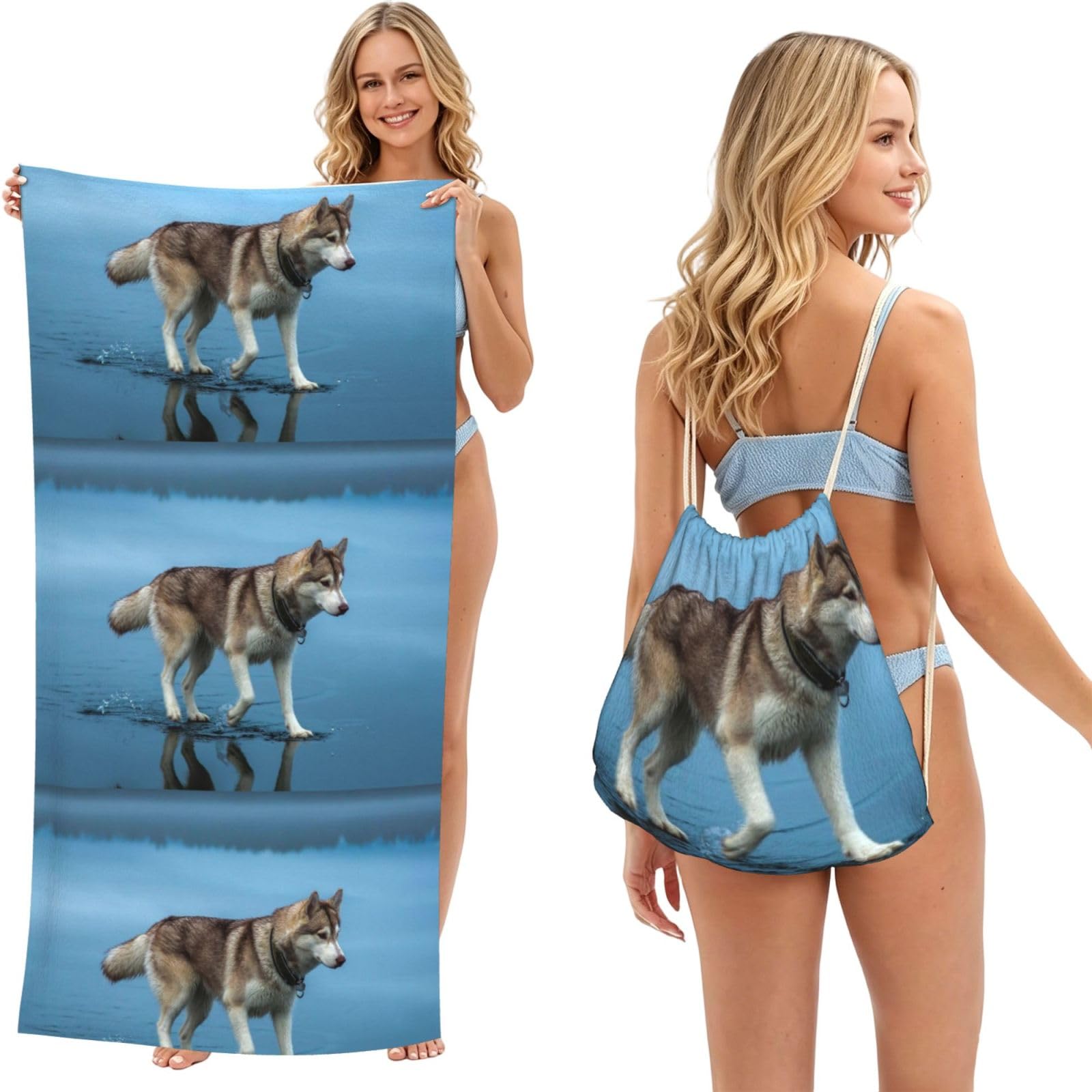 Poadnly As Picture Beautiful Siberian Husky, 2 In 1 Packable Towel Bag, Beach Towels With Drawstring Backpack For Travel Holiday Camping