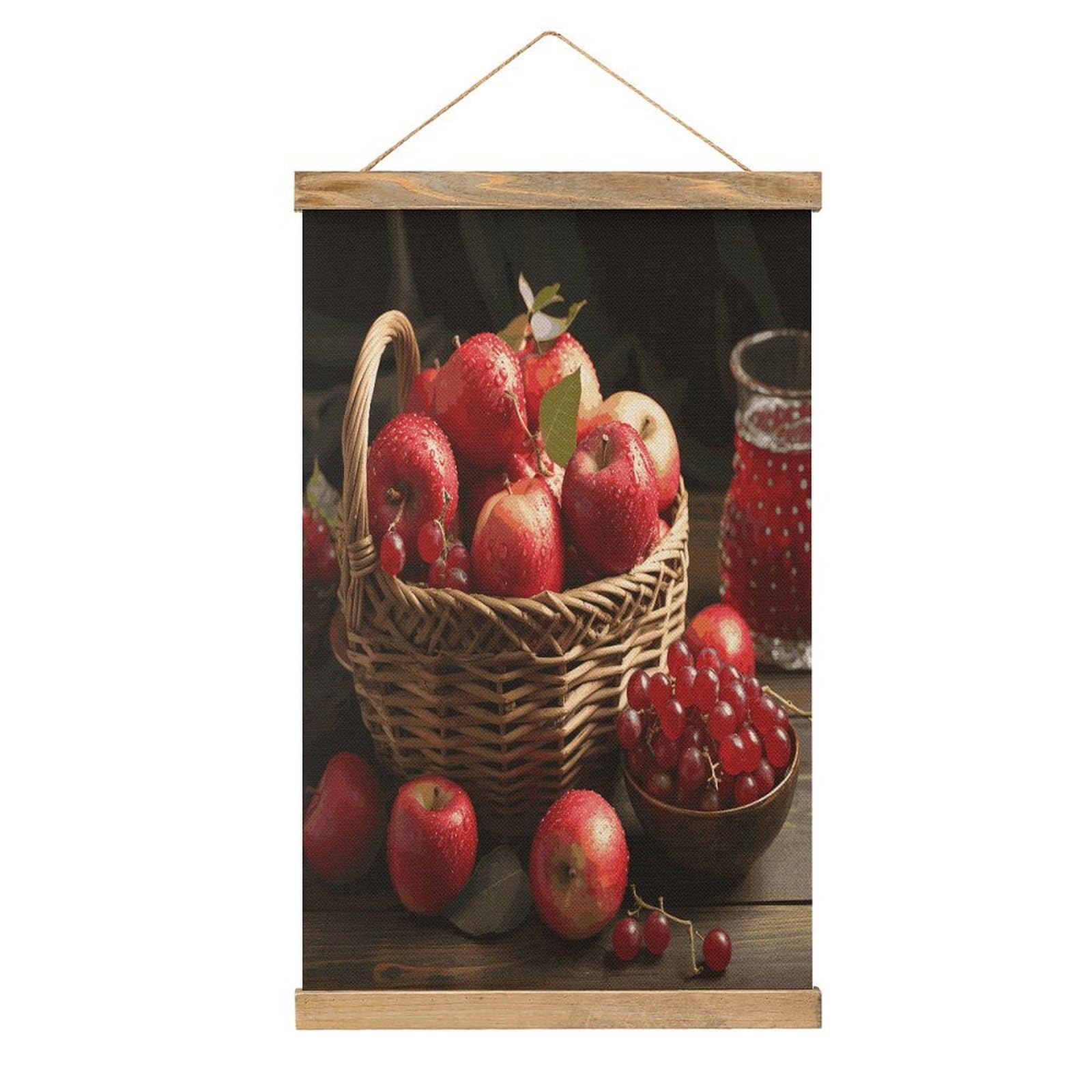 FekiLoot Red Fruit in A Basket Linen Hanging Painting Vintage Poster Hanger Frame Wall Decor Art Painting Printed on Linen Without Fading Living Room Office Bedroom Playroom Apartment Decor