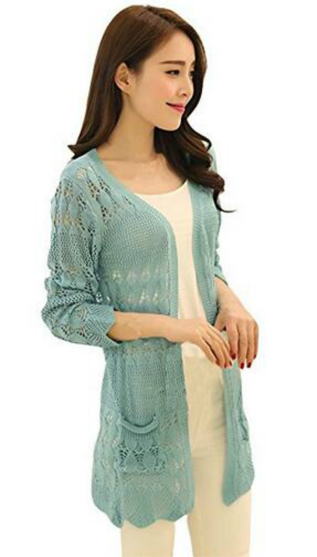 Cardigan Women's Crochet Knitted Open Front Cardigan Pocket Sweater 7color 2017022214-Aquamarine