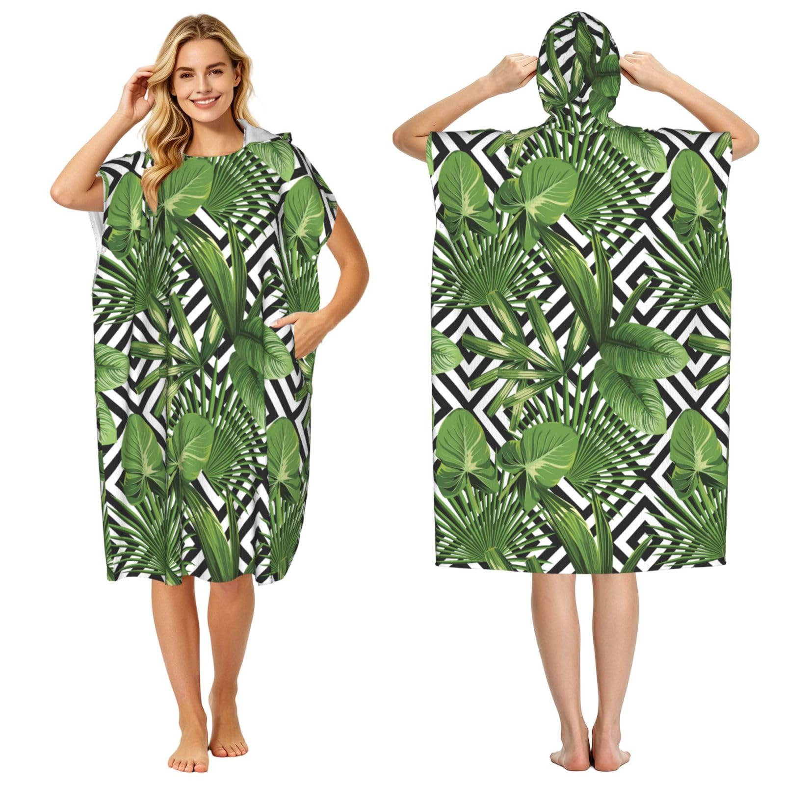 Poadnly Print Summer Exotic Tropical Plants Tropical Pattern, Adult Hooded Beach Towel 90 x 110 cm,Changing Bath Robe, Surf Poncho Towel For Women Men