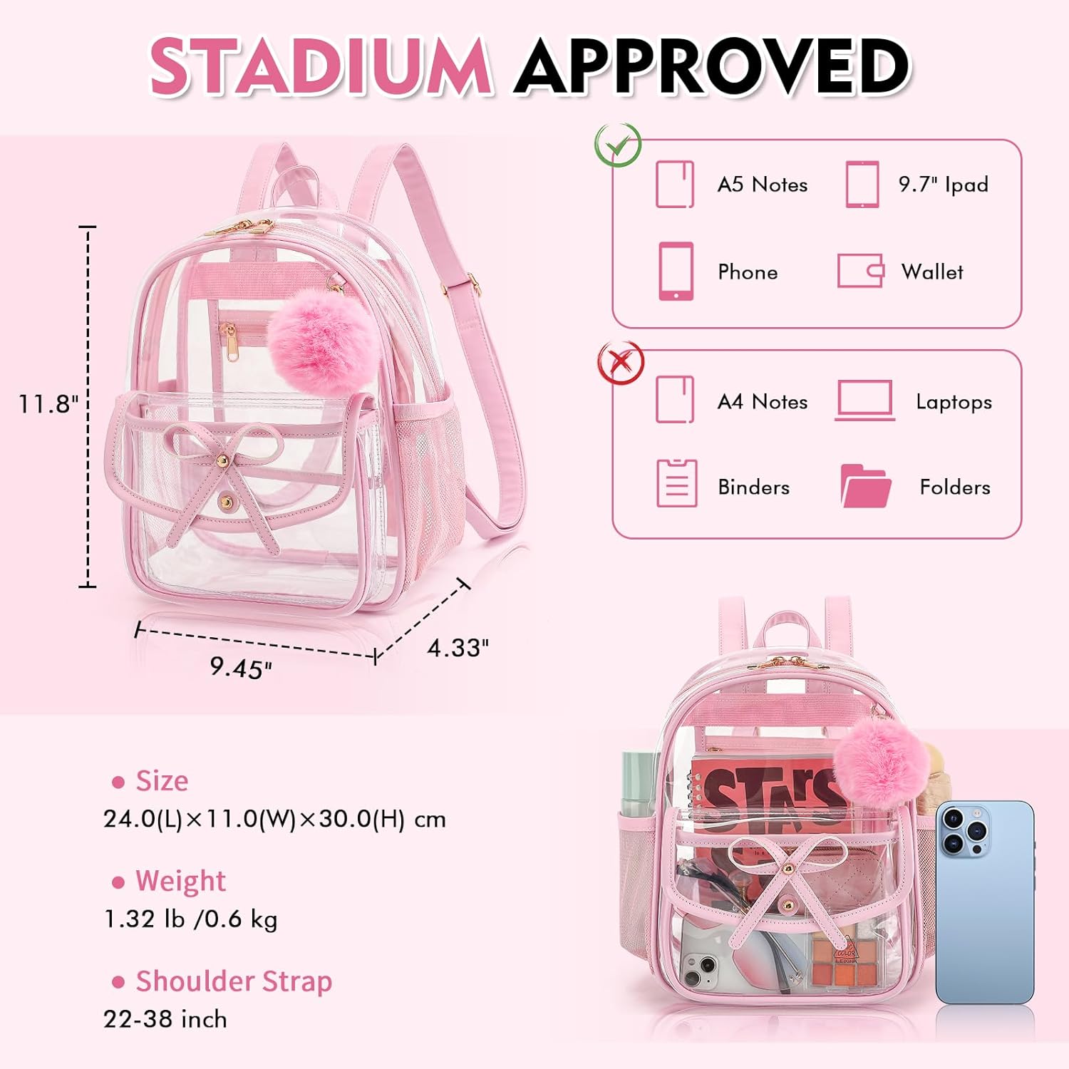Clear Backpack for Stadium Events 12x12x6, Thick PVC Small Clear Bag with Leather Trim Fashion Women Backpack