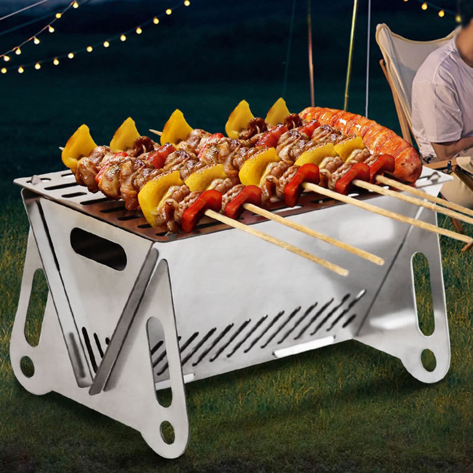 Portable Folding BBQ Grill Stove Outdoor Stainless Steel Barbecue Net Card Firewood Barbecue Rack