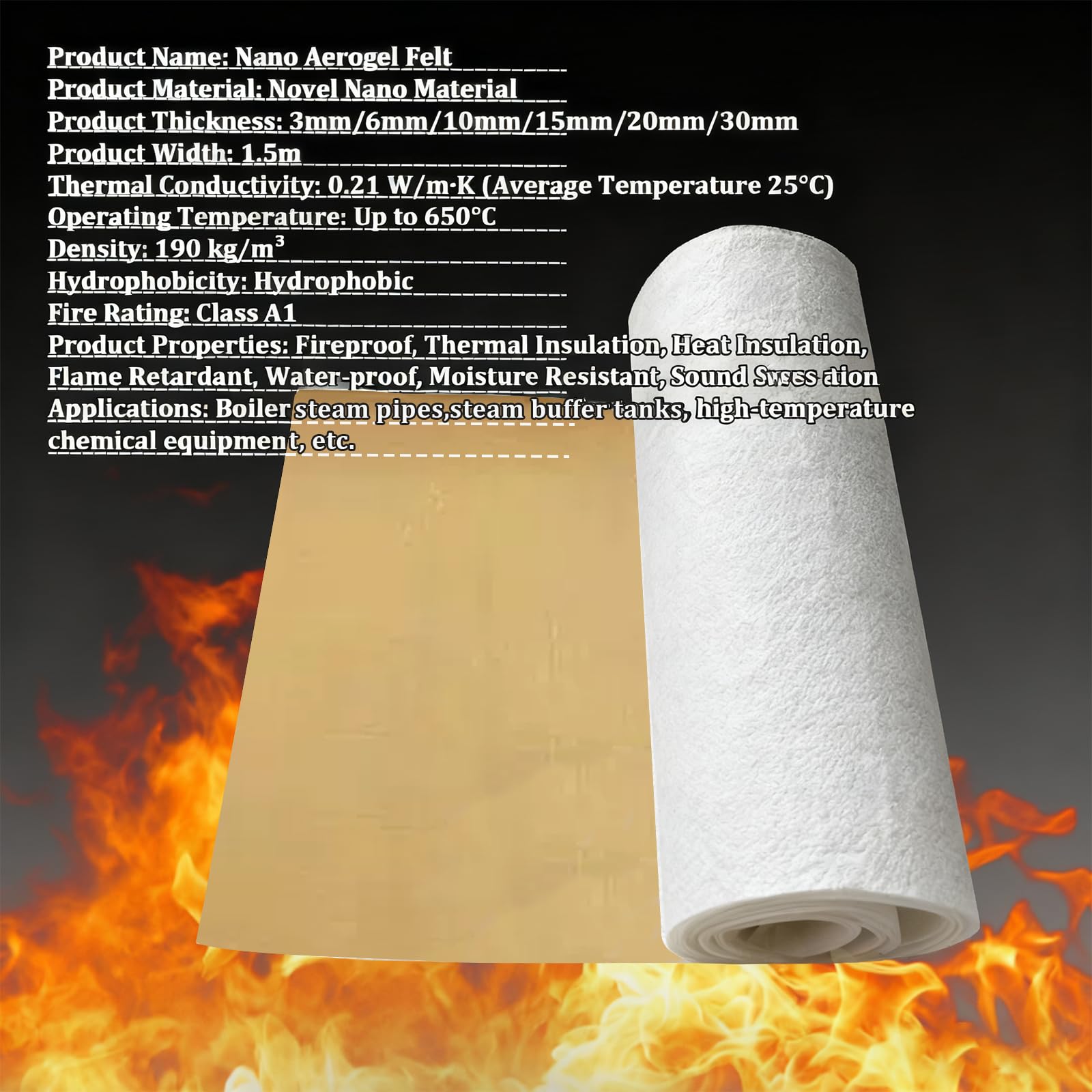 Aerogel-Isolierung Piecel, 1200F feuerfeste Isolierdecke, selbstklebend Baumwolldecke, feuchtigkeits- und geräuschbeständig(1.5x5m(59x196.4in),Thickness: 10mm)