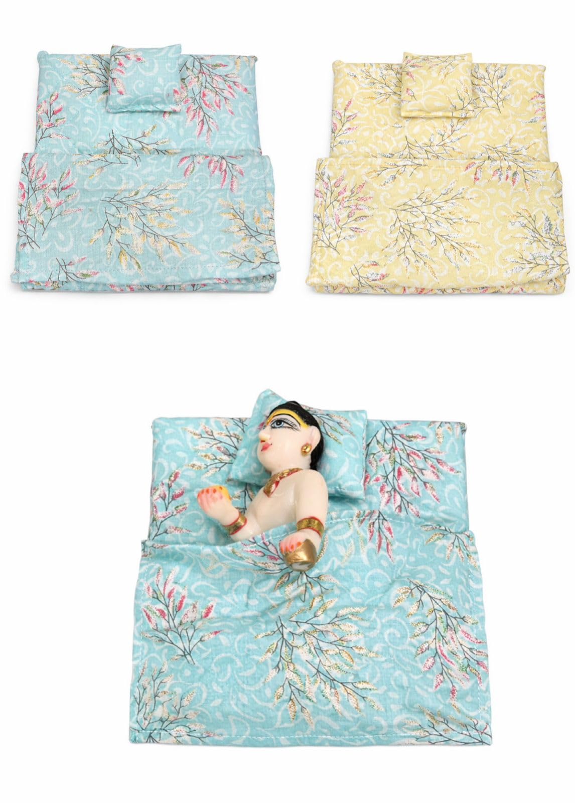 Laddu Gopal Bed Set | Printed Cotton Bister Set for Bal Gopal | Soft Bedding Mattress Pillow Quilt for Krishna Idol | Designer Summer Bed for Laddu Gopal (Multi Color) Set of 2 (Small)-picture-45