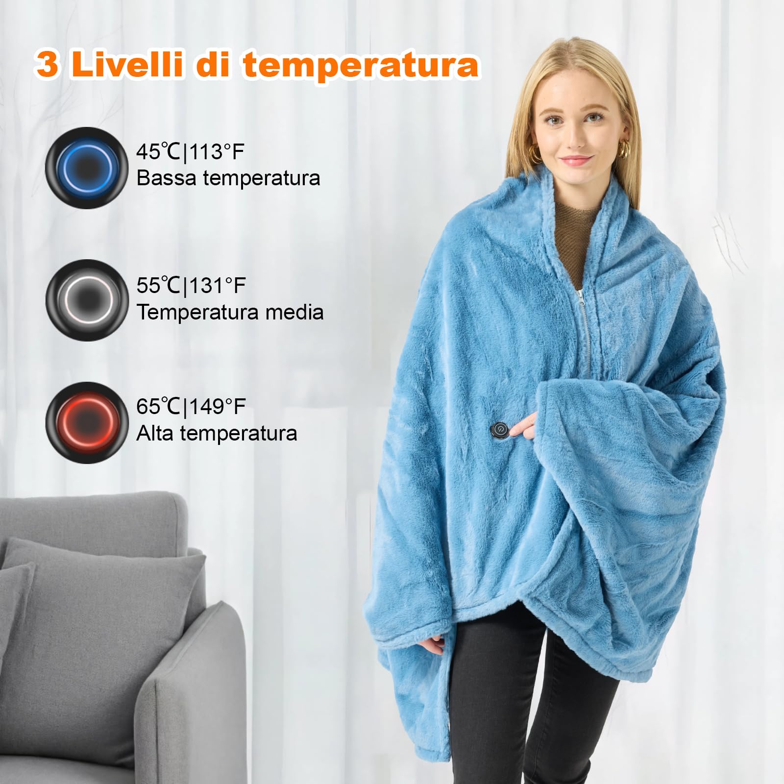 180x90cm Grafene Scialdrappo Riscaldante con Interno in Peluche, Batteria 7.4V 20000mAh e 6 Zone di Riscaldamento Rapido, 3 Livelli di Temperatura, Lavabile in Lavatrice, Morbido per Uomo e Donna