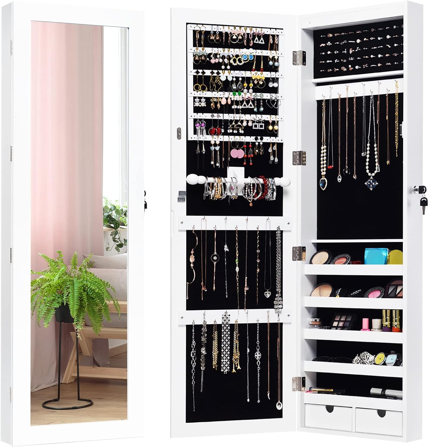 GOPLUS Armario Joyero de Pared con Espejo Integrado y Luz LED, Armario para Cosméticos con Varios Compartimentos y Puerta con Cerradura, para Salón, Dormitorio y Porche, Blanco