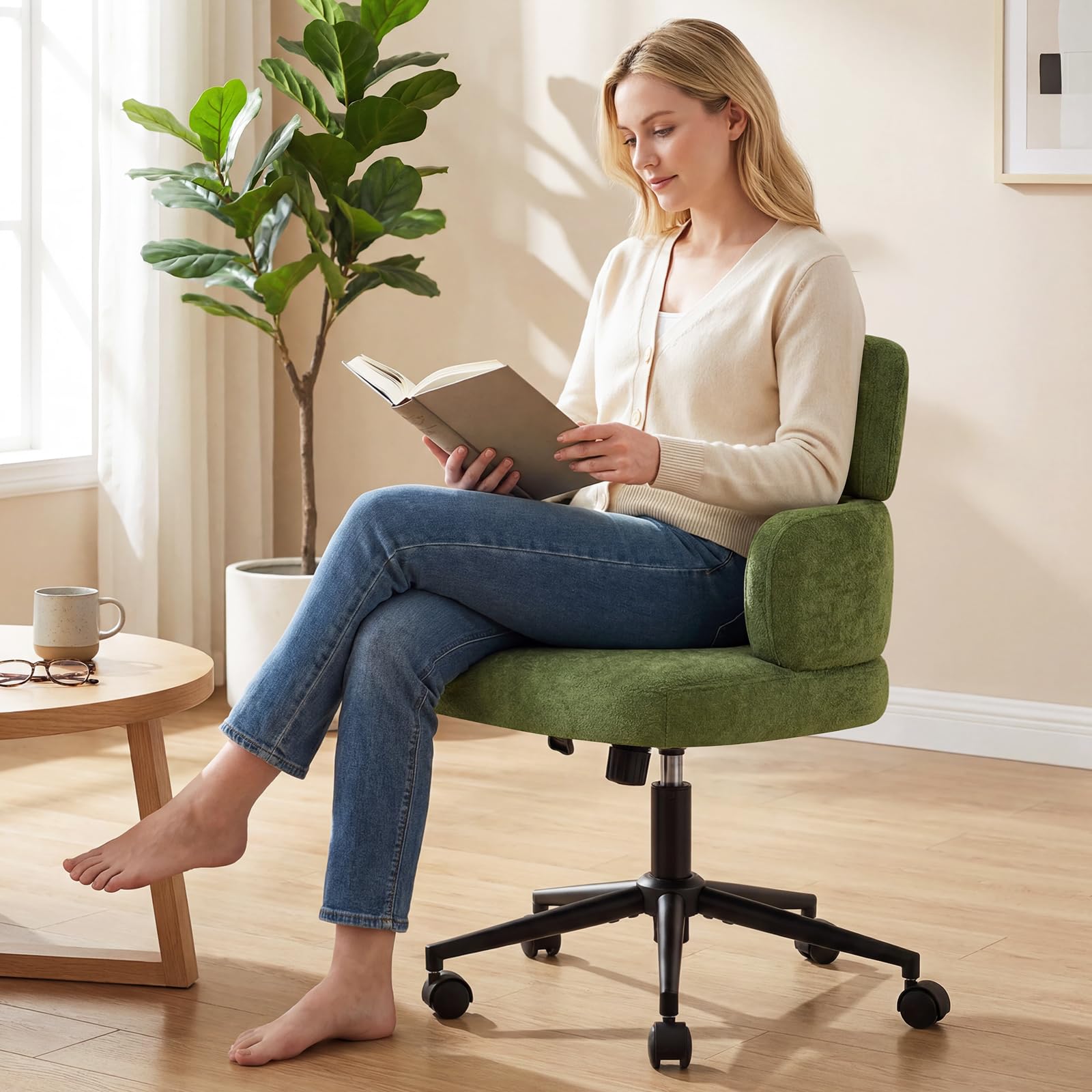 Hellove Schneidersitz Bürostuhl, Grün Höhenverstellbarer Drehstuhl Schminktisch für Homeoffice, ergonomischer Schreibtischstuhl mit festen Armlehnen und Rollen, gepolsterter Polsterstuhl 56 cm