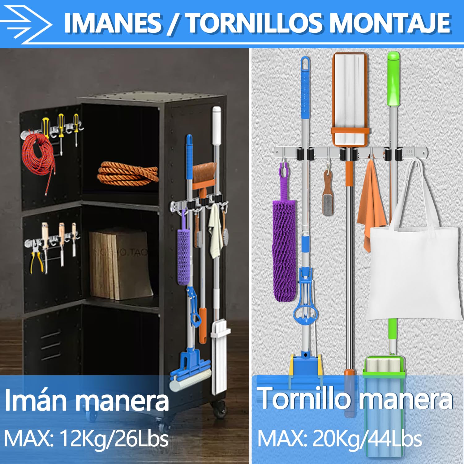 3-H Colgador Escobas Magnético 36cm, Soporte Escobas Pared SUS304 Acero Inoxidable 20KG Carga Colgador Escobas y Fregonas Sin Perforar para Restaurante, Cocina, Baño, Garaje con Tornillos