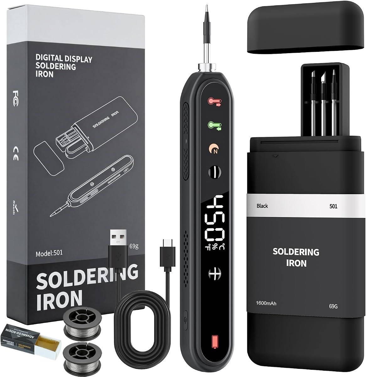 Kit de Soldador Inalámbrico, Calentamiento Rápido de 8s, Batería Recargable de 1600mAh, Carga Tipo C, Temperatura Ajustable 180~450 ℃, 3 Puntas Reemplazables, Bolígrafo de Soldadura Inalámbrico para Reparación de Electrónica DIY – Negro