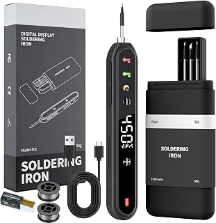 Cordless Soldering Iron Kit, 8s Fast Heat-Up, 1600mAh Rechargeable Battery, Type-C Charging, Adjustable Temp 180~450 ℃, 3 Replaceable Tips, Wireless Soldering Pen for DIY Electronics Repair – Black