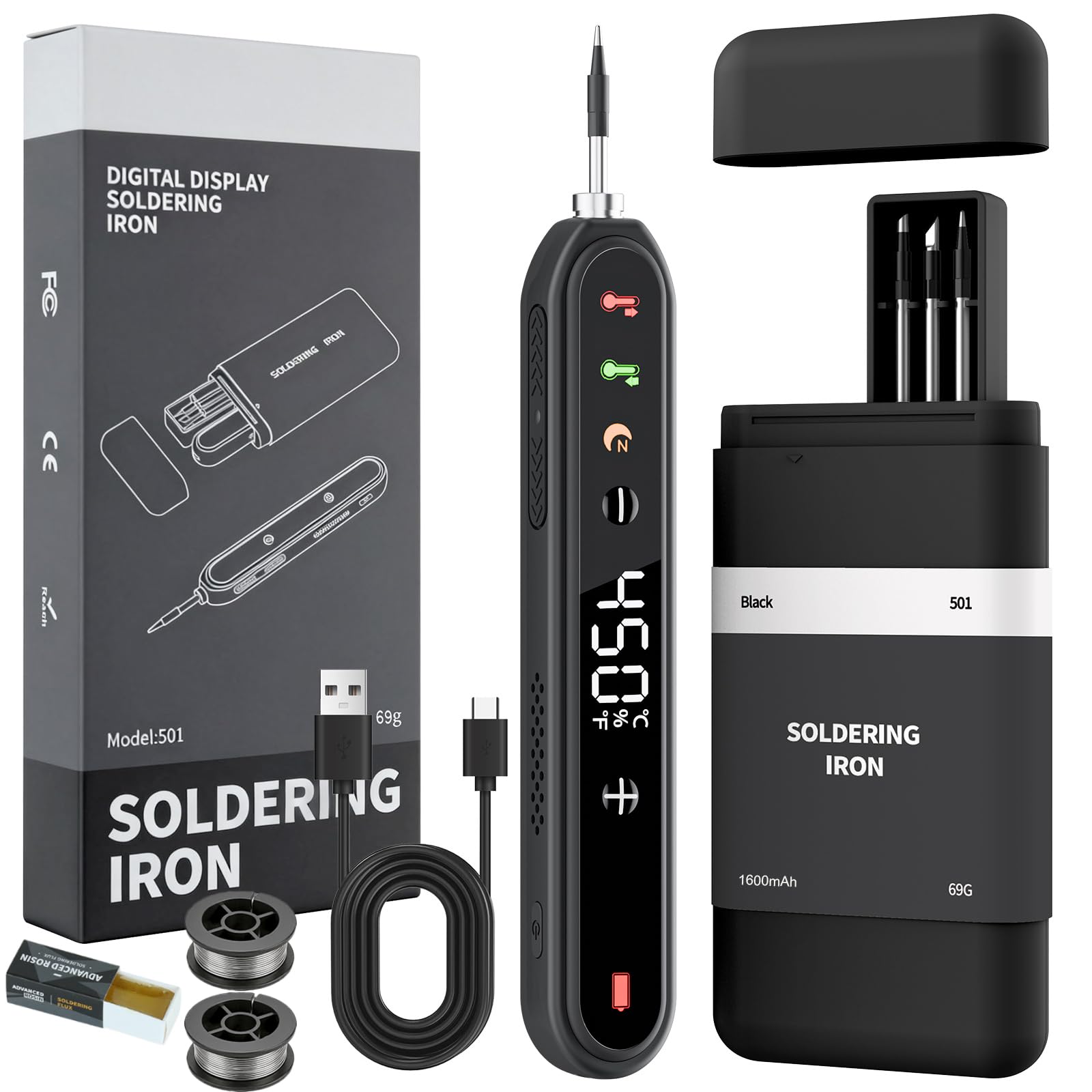 Photo 1 of Cordless Soldering Iron Kit, 8s Fast Heat-Up, 1600mAh Rechargeable Battery, Type-C Charging, Adjustable Temp 180~450 ?, 3 Replaceable Tips, Wireless Soldering Pen for DIY Electronics Repair – Black