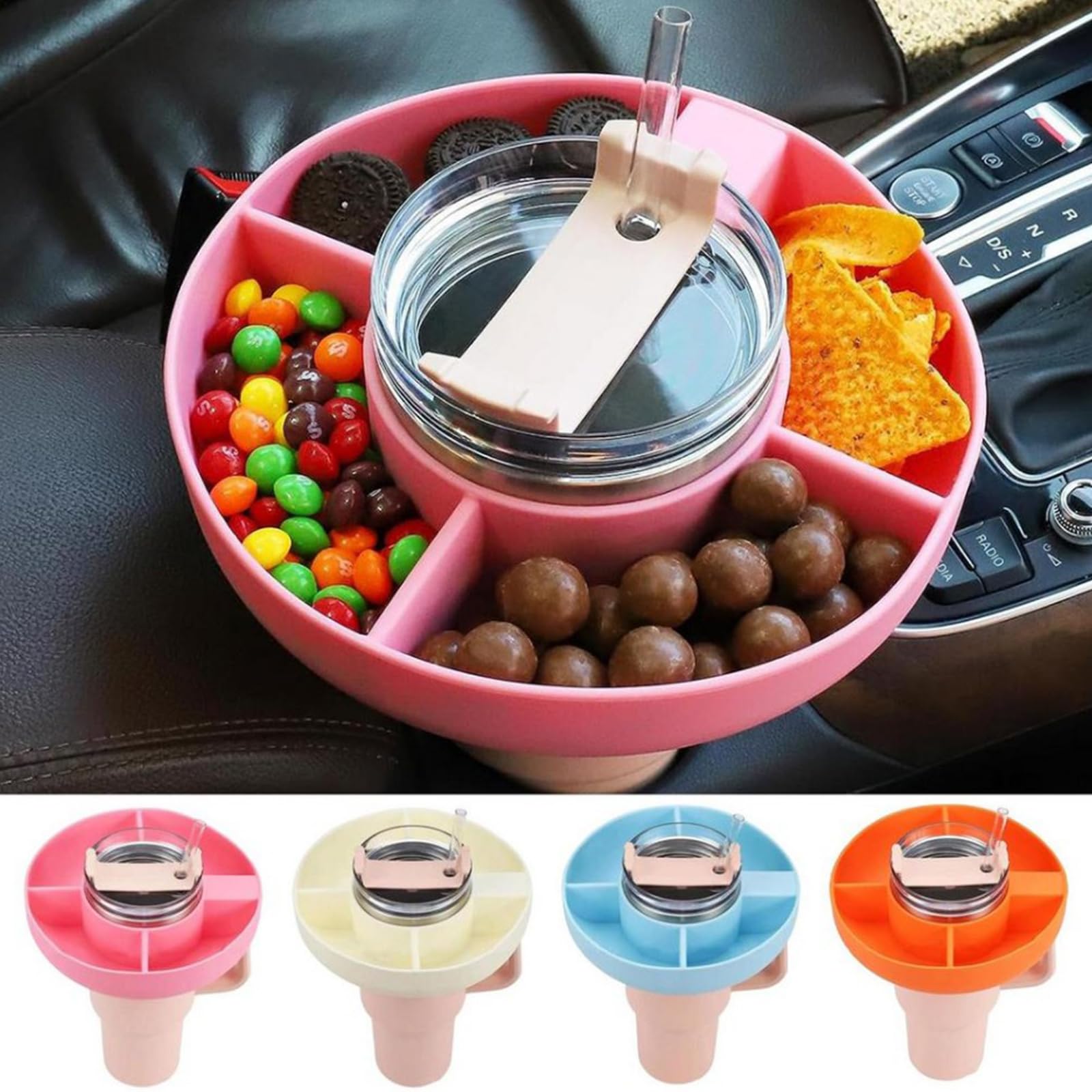 Ciotola Porta Snack In Silicone Per Bottiglia Stanley 1.18L, Con Coperchio E 2 Copricannucce, Rosa, Accessori Stanley Cup
