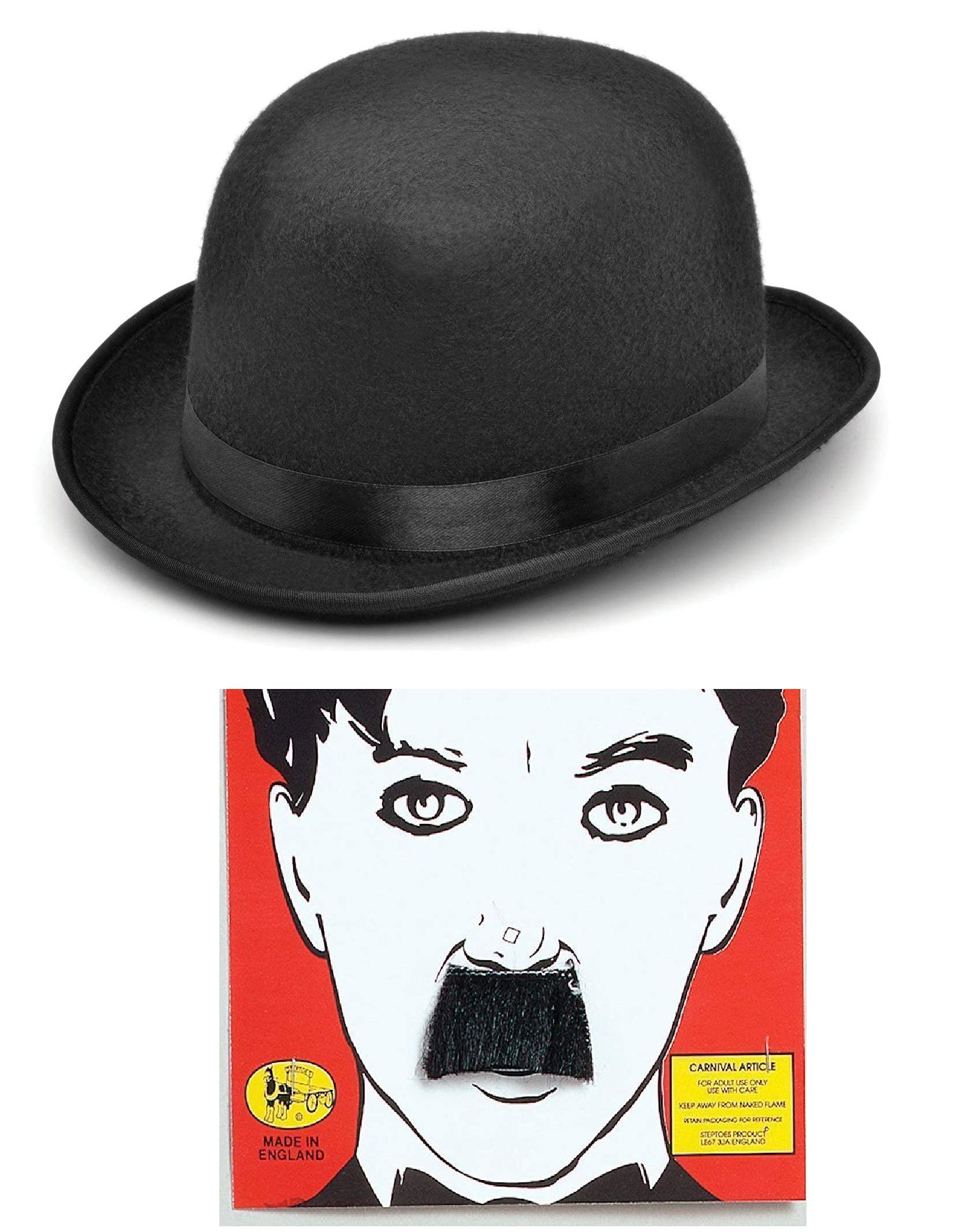 Mega_JumbleSale Charlie Chaplin TV 1920's 20's Movie Star Fun Black Bowler Hat and Mustache Kit - Laurel & Hardy Stag Comedy TV Fun Fancy Dress, One Size