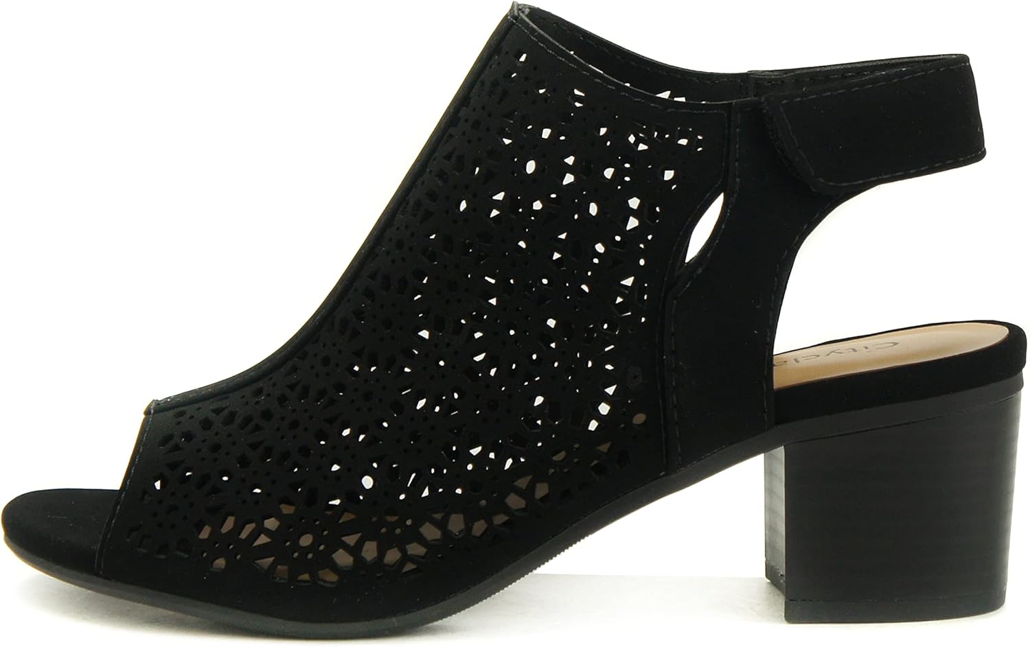 CITYCLASSIFIED “Elect” ~ Women’s Peep Toe Laser Cut Geometric Caged Slingback Ankle Strap Low Stacked Heel Ankle Bootie