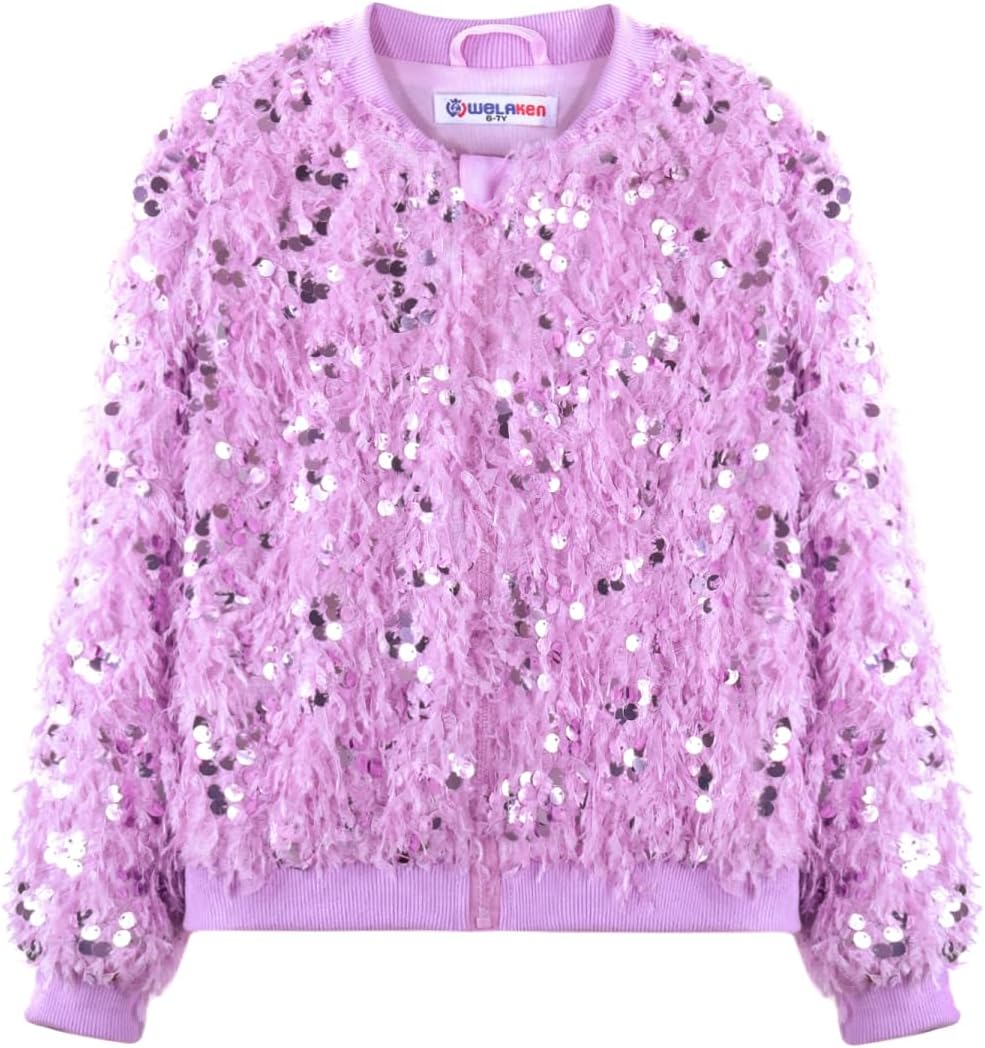 Girls Faux Feather Sequin Jacket Shiny Long Sleeve Zip Up Coat with Pockets 5-12Y