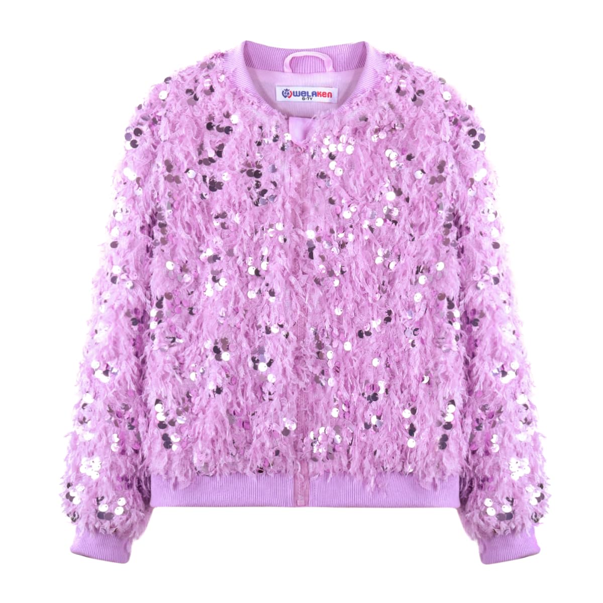 Girls Faux Feather Sequin Jacket Shiny Long Sleeve Zip Up Coat with Pockets 5-12Y