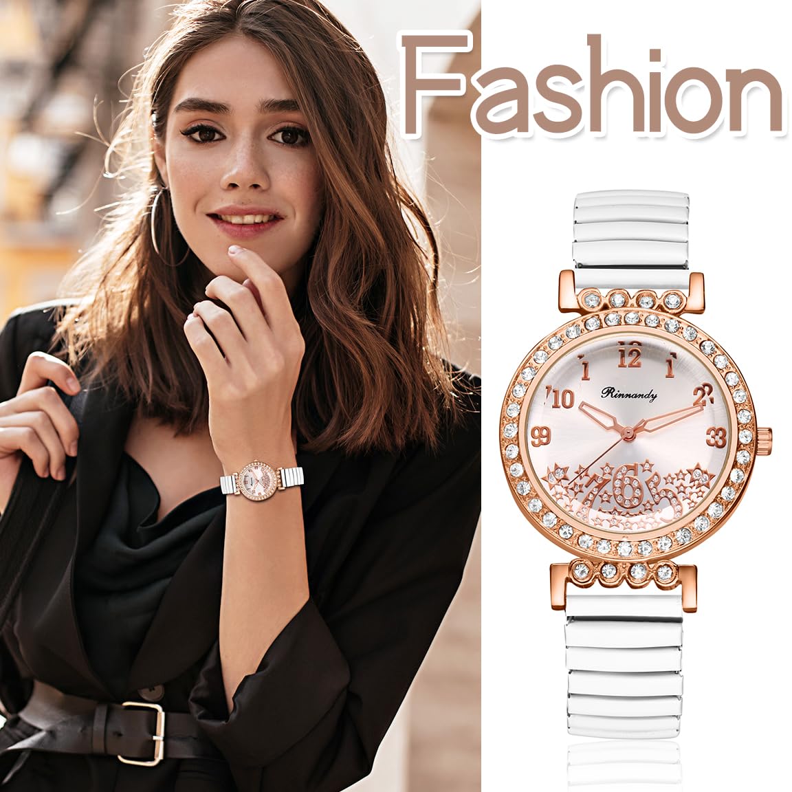 JewelryWe Zegarek damski elastyczny zegarek dla seniorów, analogowy zegarek kwarcowy, damski, rozciągliwa bransoletka, luźny zegarek z paskiem ze stali nierdzewnej i dużą, czytelną tarczą, Cyrkonia