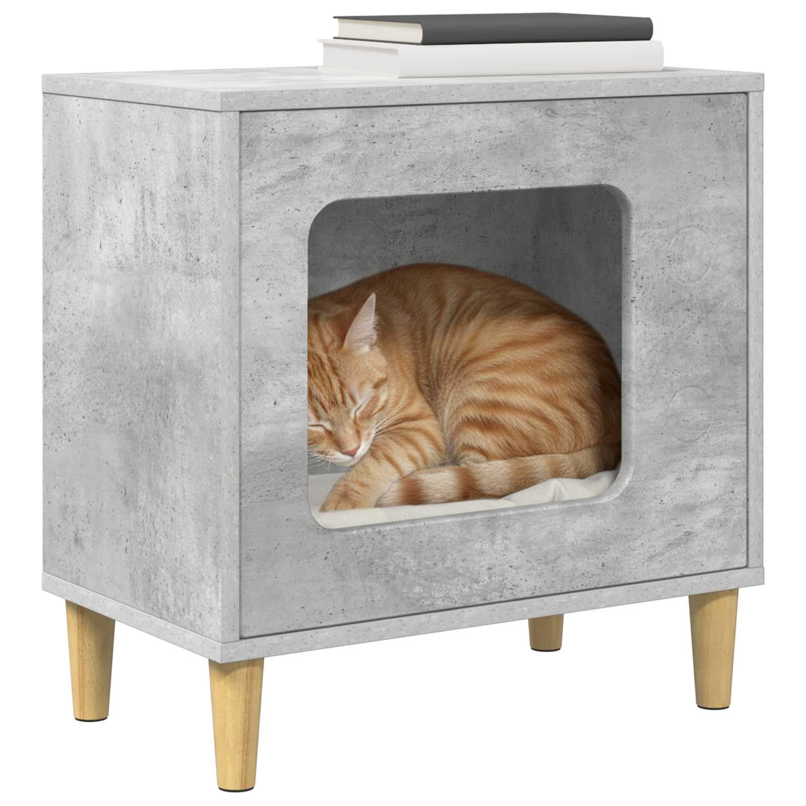 Katzenhaus Beton-Optik 51x30x52cm Holzwerkstoff Indoor | Stilvolle Katzenhöhle in moderner Beton-Optik für das Wohnzimmer, bietet stabilen Rückzugsort für Haustiere.
