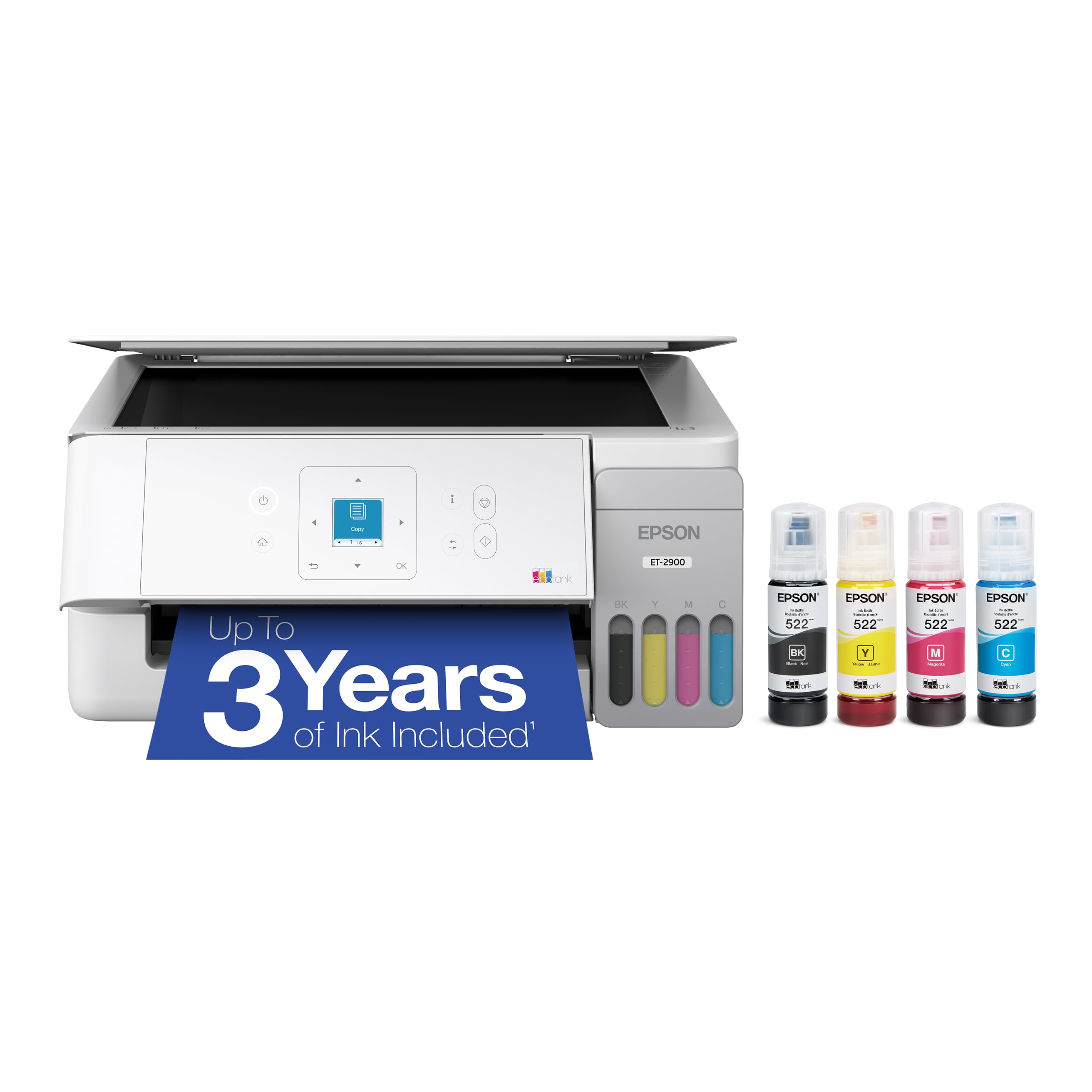 Epson EcoTank ET-2900 Wireless All-in-One Color Supertank Printer with up to 3 Years of Ink, Refillable Tanks, Perfect for Home, 11 PPM, 1.44" Color Screen, Built-in Scanner – White