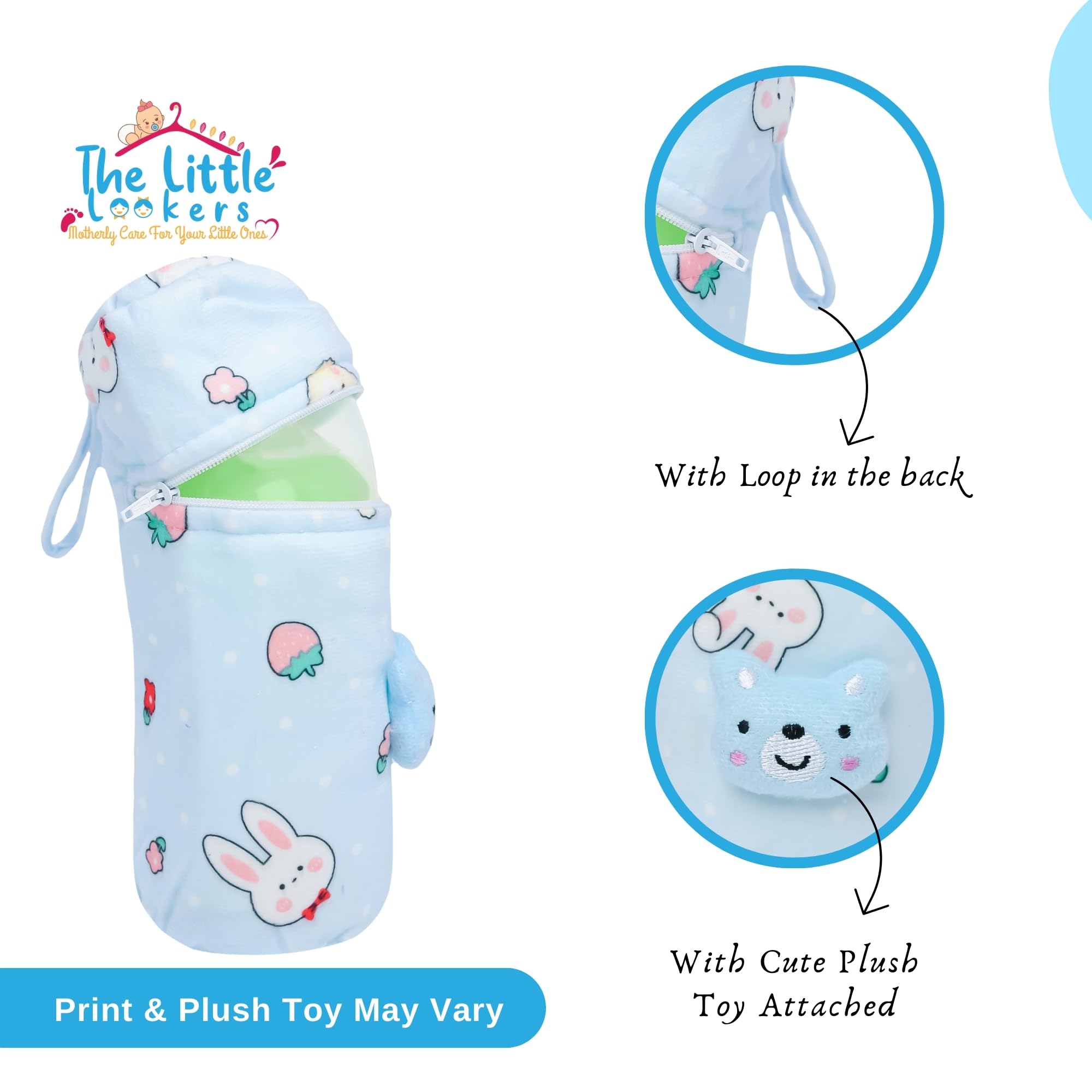 THE LITTLE LOOKERS Soft Plush Stretchable Baby Feeding Bottle Cover with Easy to Hold Strap (Zip Closure 330ml/11oz, Pink & Blue) - Image 8 thumbnail