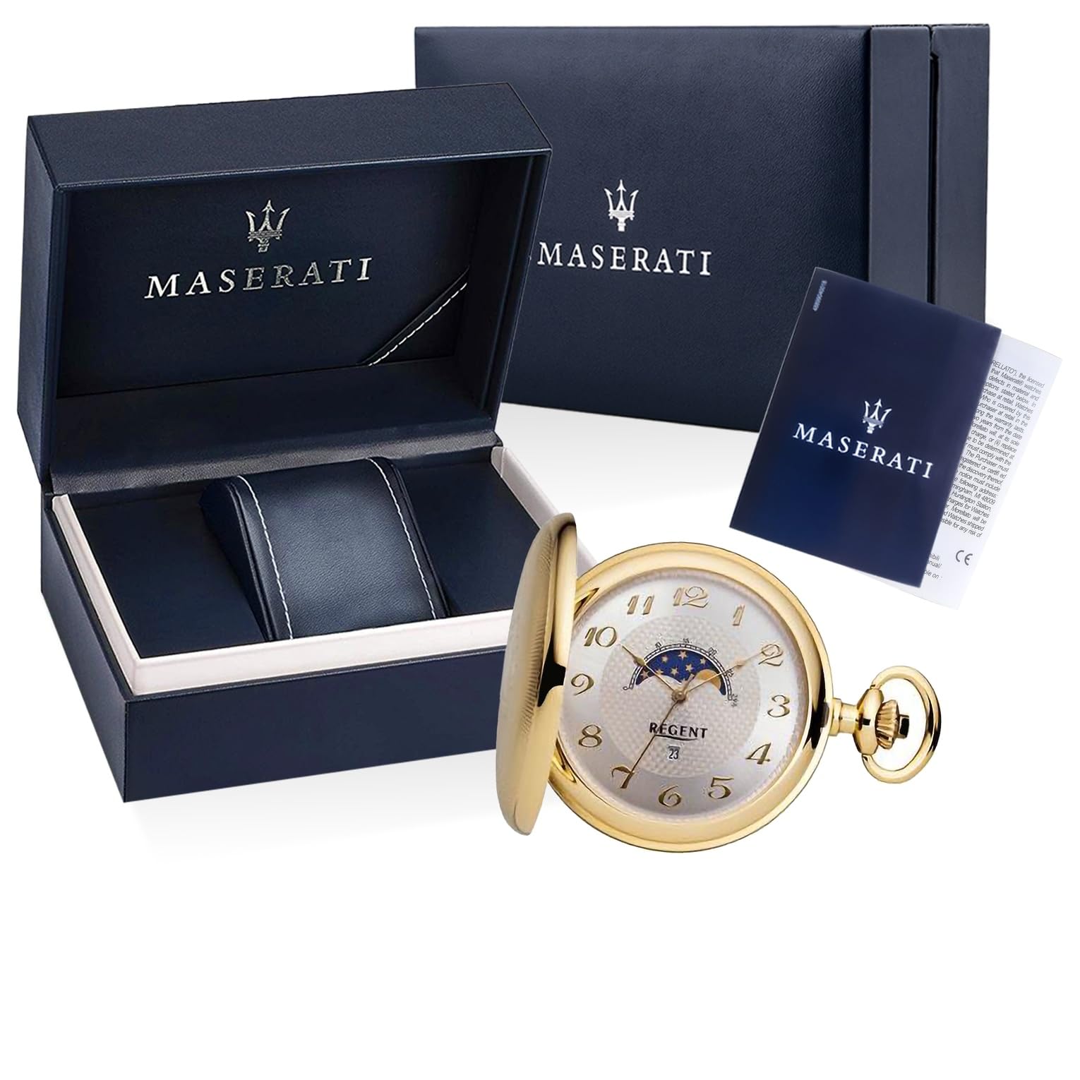 REGENT Herren Taschenuhr Savonnette Klappdeckel 50 MM Quarz Arabische Zahlen Datum Mondphase