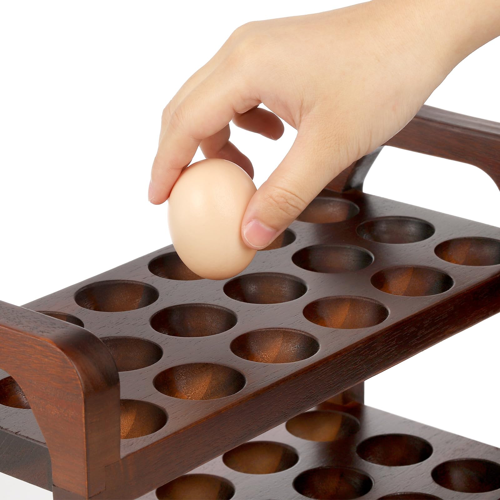 YOUEON Acacia Wooden Egg Holder Countertop with Carry Handle, Wood Egg Tray for 36 Eggs, Deviled Egg Plates - Image 3