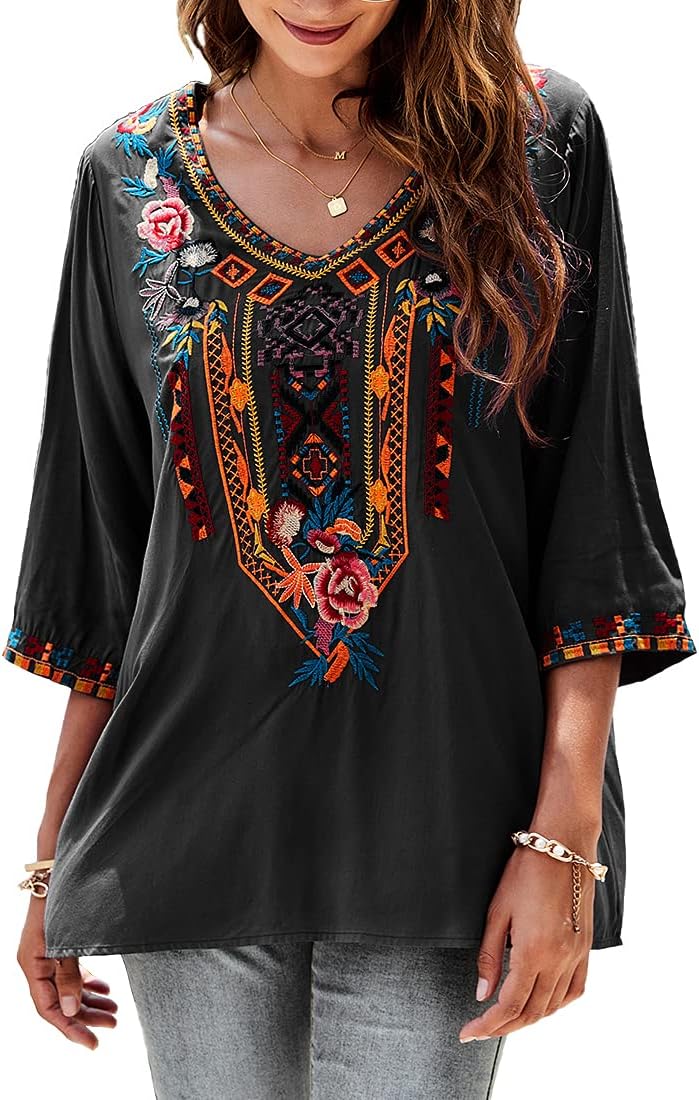 AK Embroidered Tops for Women 3/4 Sleeve Peasant Blouse Mexican Shirts V Neck Traditional Tunic Casual Tops - Image 3