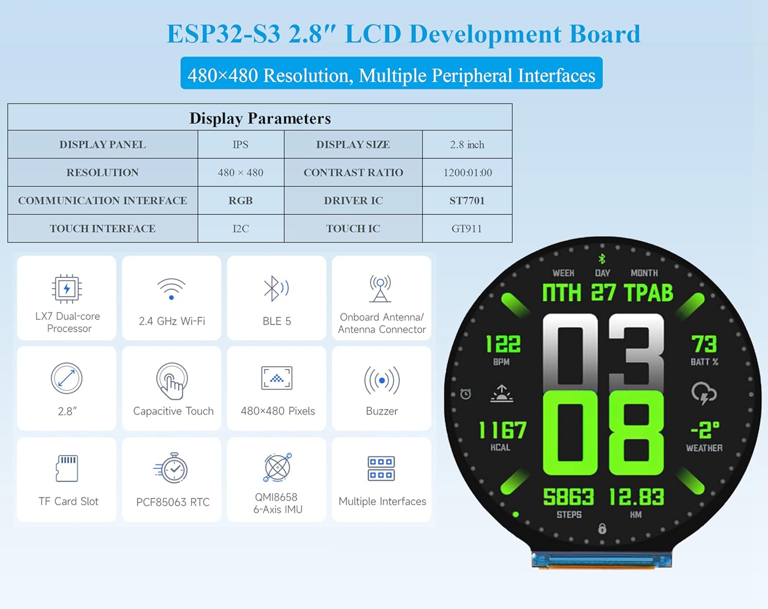 ESP32-S3 2.8inch Round Display Development Board Development Board, 480x480 Resolution IPS Display, 32-bit LX7 Dual-Core Processor, ESP32 with Display, Supports WFi & BLE
