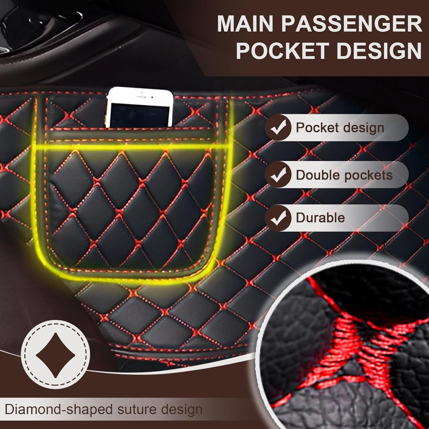Car Floor Mats for Dodge Charger 2017-2022, Leather Luxury Floor Liner All Weather Protection Carpet. (Full Set/Red-Cream Color)