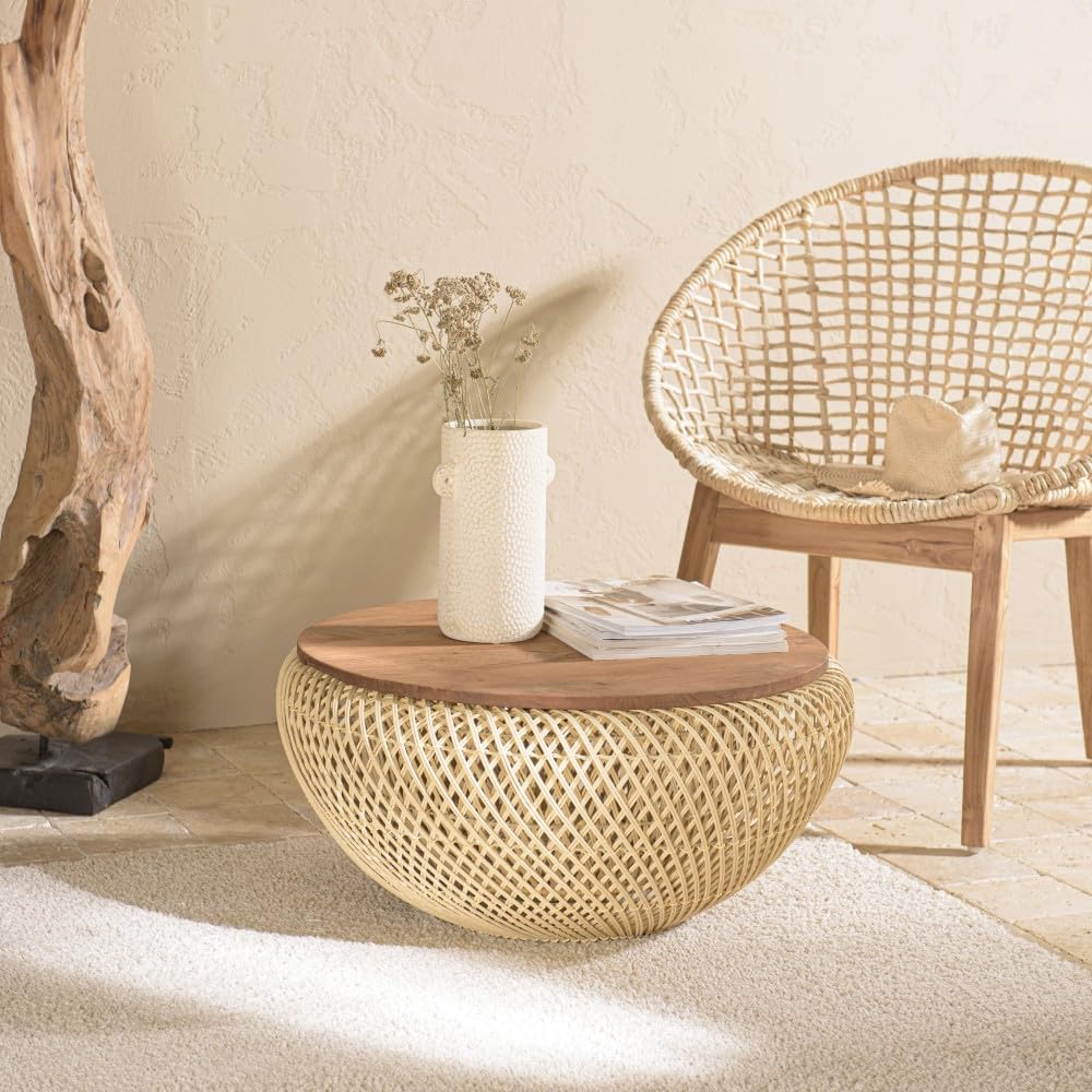 Table basse ronde en rotin beige 65x65cm avec plateau amovible
