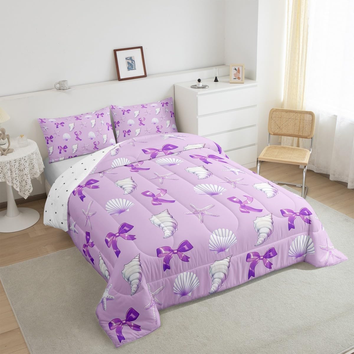 Erosebridal Coquette Bow Comforter Set Twin Size Conchs Starfish Bedding Set for Kids Girls Women Shells Cartoon 3D Beach Comforter Purple Bow Ocean Animals Quilt Bedroom Decor