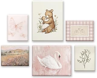 Vintage Nursery Pink Wall Art Baby Girl Room Picture Wall Decor Swan Bear Canvas Pictures Antique Animals Plant Country Painting Prints Posters for Kids Room Bedroom 8x10x4 12x16x2 lnch Framed