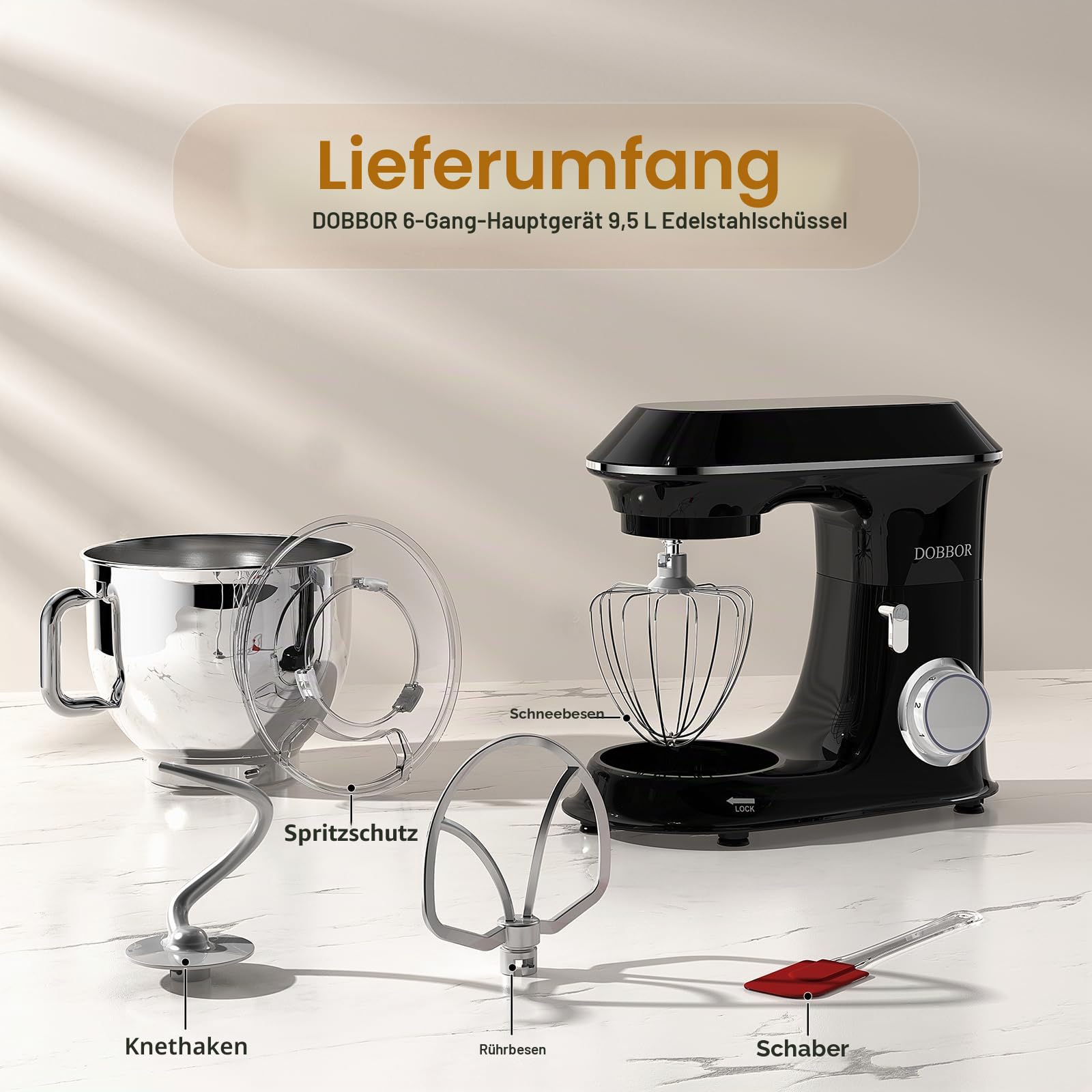 9.5L Küchenmaschine Knetmaschine 1500W, DOBBOR Rührmaschine mit Rührbesen, Knethaken, Schlagbesen, Spritzschutz, 7 Geschwindigkeit Planetarisches Rührsystem, leise und multifunktional. (Black)