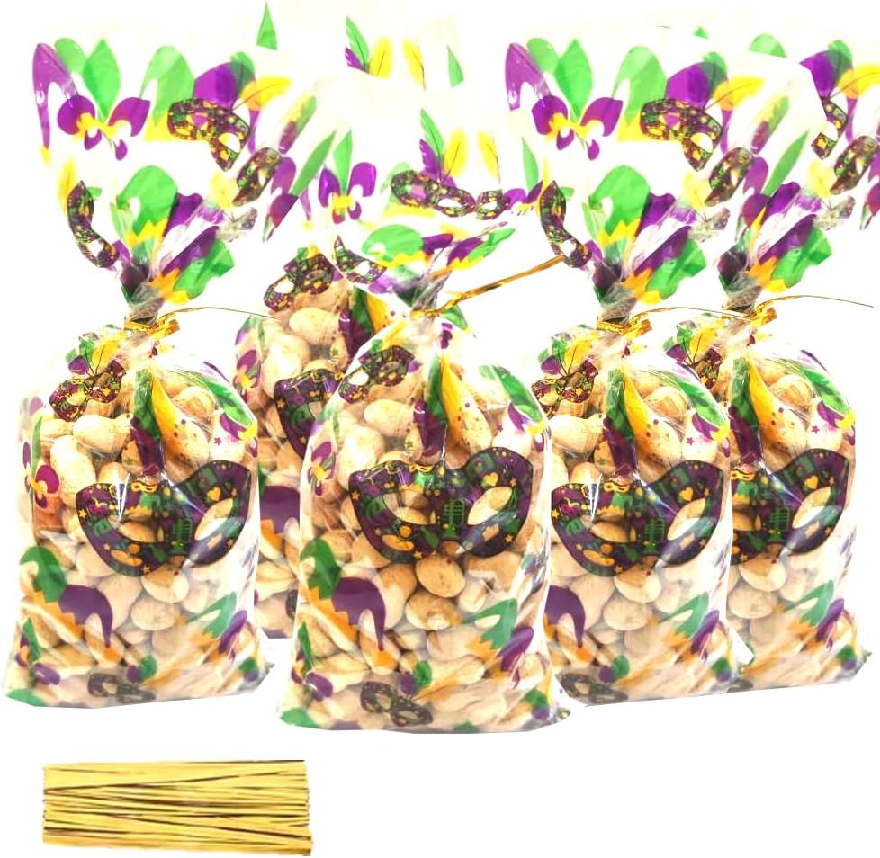 Mardi Gras Treat Bags, 100pcs Mardi Gras New Orleans Carnival Masquerade Party Cellophane Bags with Twist Ties Clear Plastic Gift Bags Goodie Cookies Candy Bags for Fat Tuesday ,Birthday Party ,Mardi