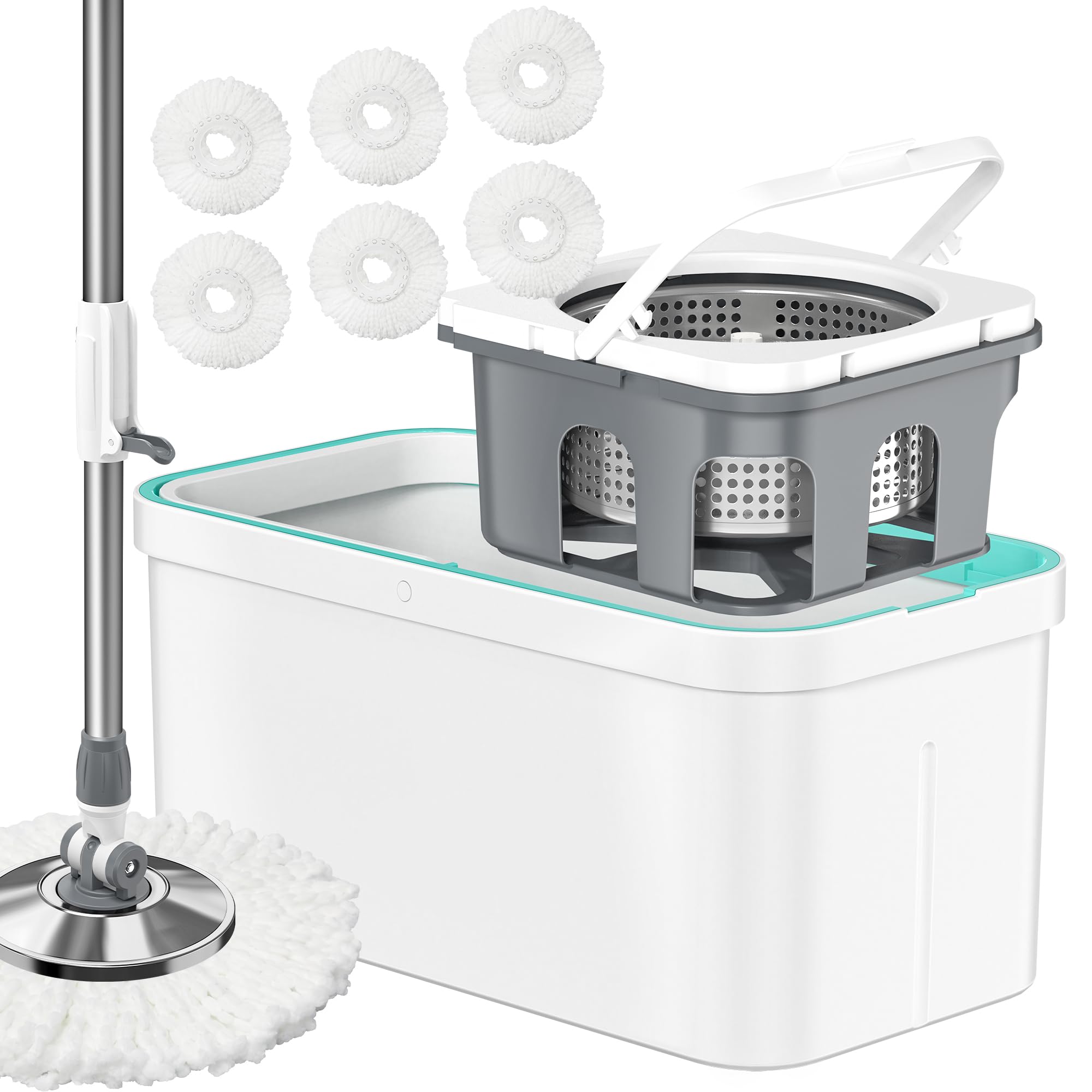 Trapeador giratorio y cubo, fregona y cubo con escurridor para el hogar con 6 piezas de repuesto de cabezal de fregona, cesta de deshidratación desmontable, mango retráctil extensible, fácil de usar,