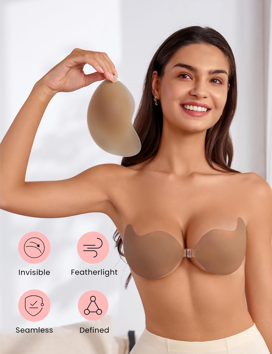 Rosefly Sticky Bra Push up for Women - Aloe AB Adhesive & Mango Arc Silicone, Gradual Thinness, Invisible Seamless Backless Strapless Bra for Dress, Cups D, Espresso