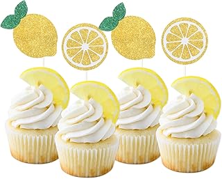 Oskal 24Pcs Glitter Lemon Cupcake Toppers Fruits Theme Party, Lemonade Party Decor, Summer Cupcake Toppers, Main Squeeze Party Decorations Tutti Frutti Cupcake Topper