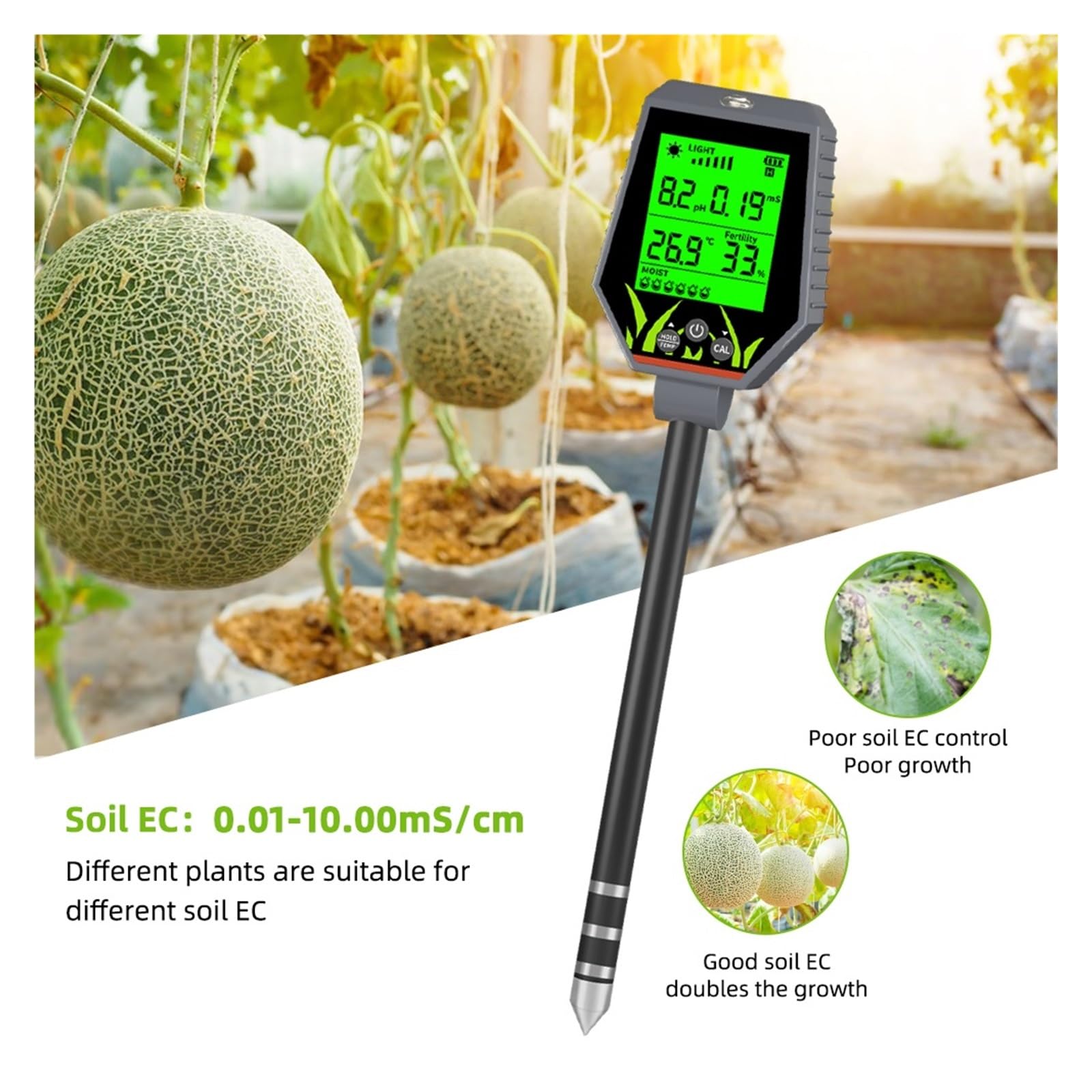 Humidimètre pour Sol, Testeur numérique Multifonctionnel de pH et d'humidité du Sol, détecteur de fertilité du Jardin, Moniteur de lumière du Soleil pour Le Jardinage et l'agriculture