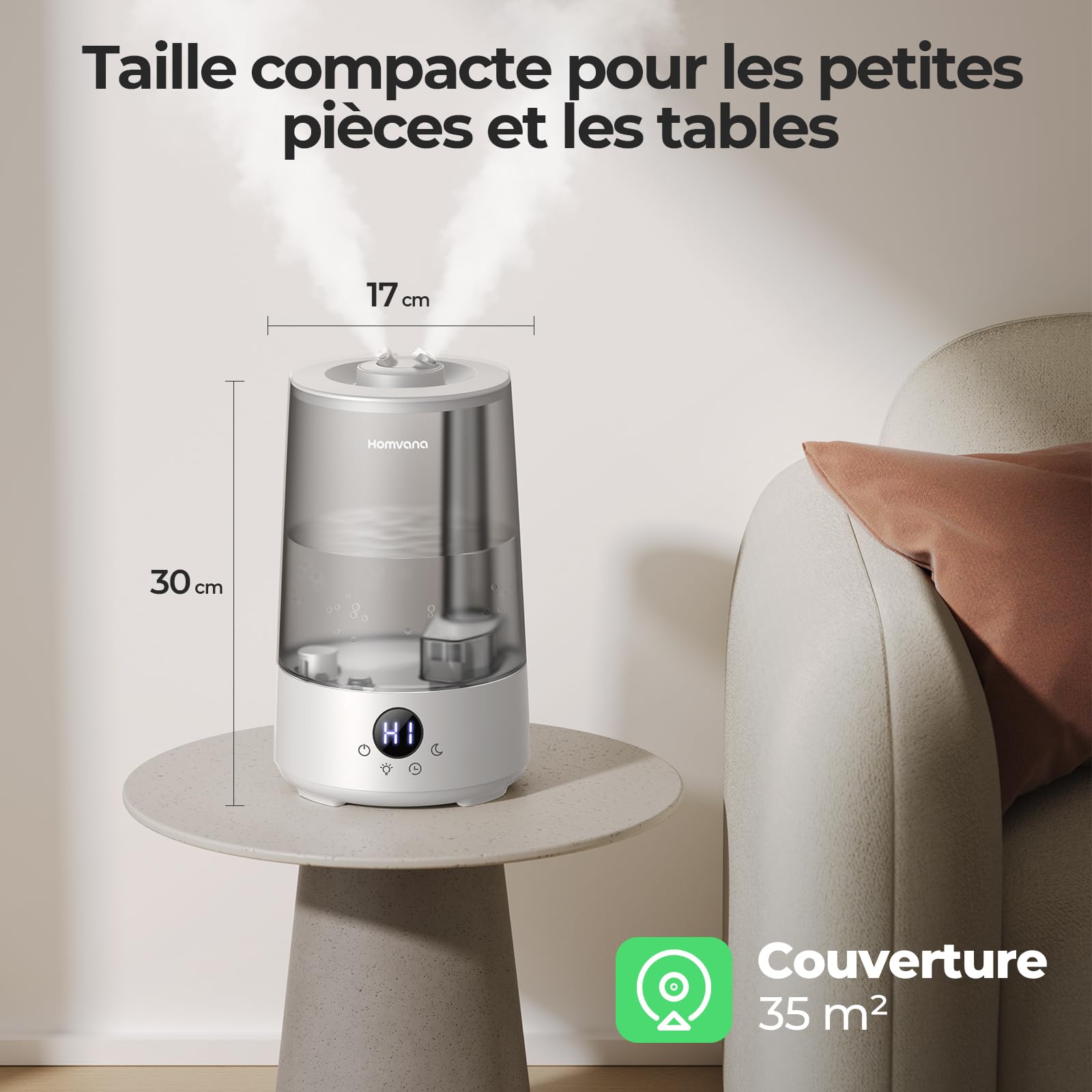 Homvana Humidificateur d'Air bébé, 3.6 L Cool Mist Top-Fill, 16dB Silencieux, 34H Durable Humidificateu Chambre, Plante, BPA Free Avec Plusieur Modes d'humidité, 7 Color Light, Diffuseur (Gris)