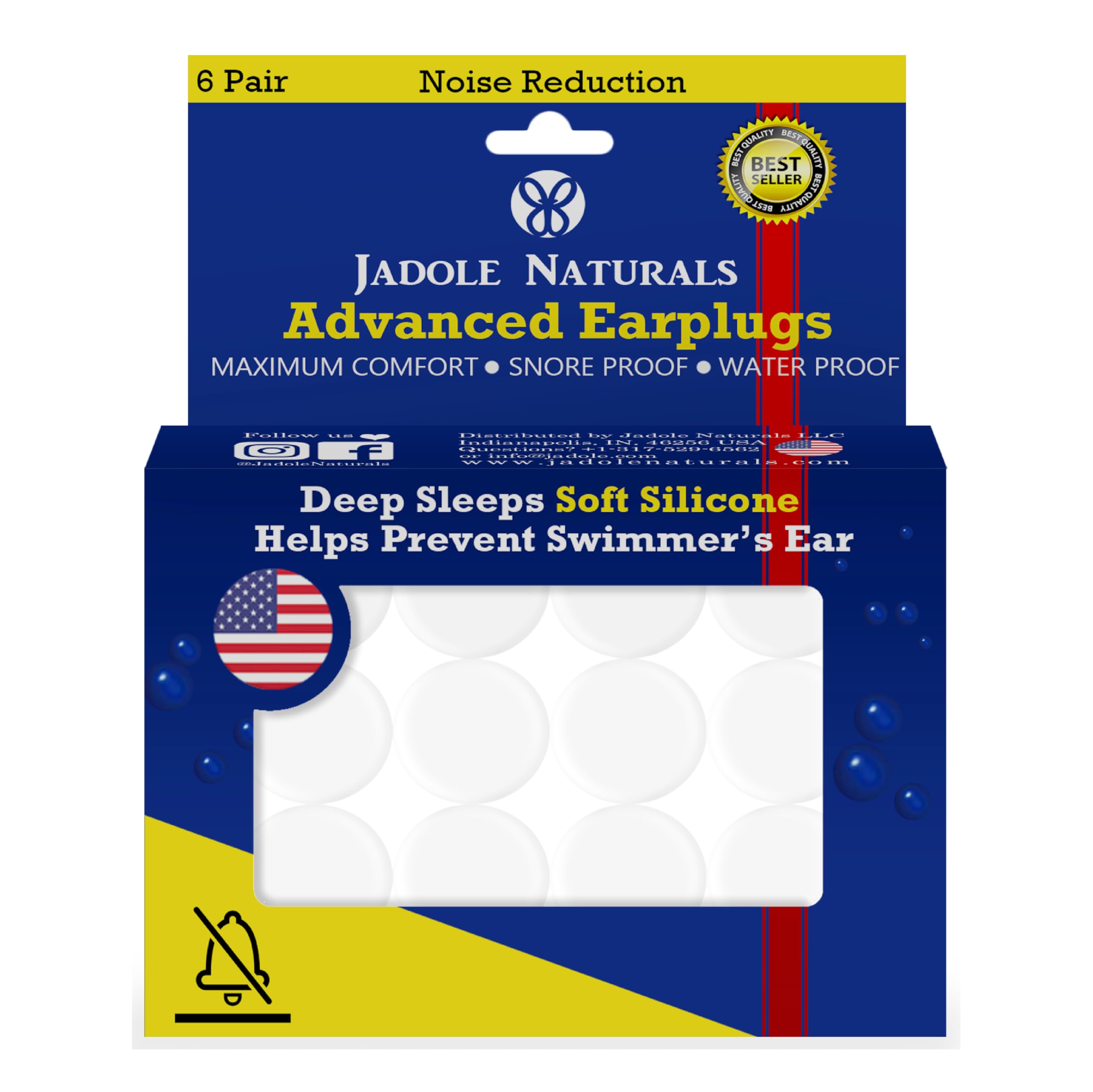 Jadole Naturals Advanced Earplugs For Noise Reduction - 6 Pair | Used For Sleeping, Snoring, Swimming, Travel, Concerts and Studying | Snore & Water Proof | With Soft Silicon