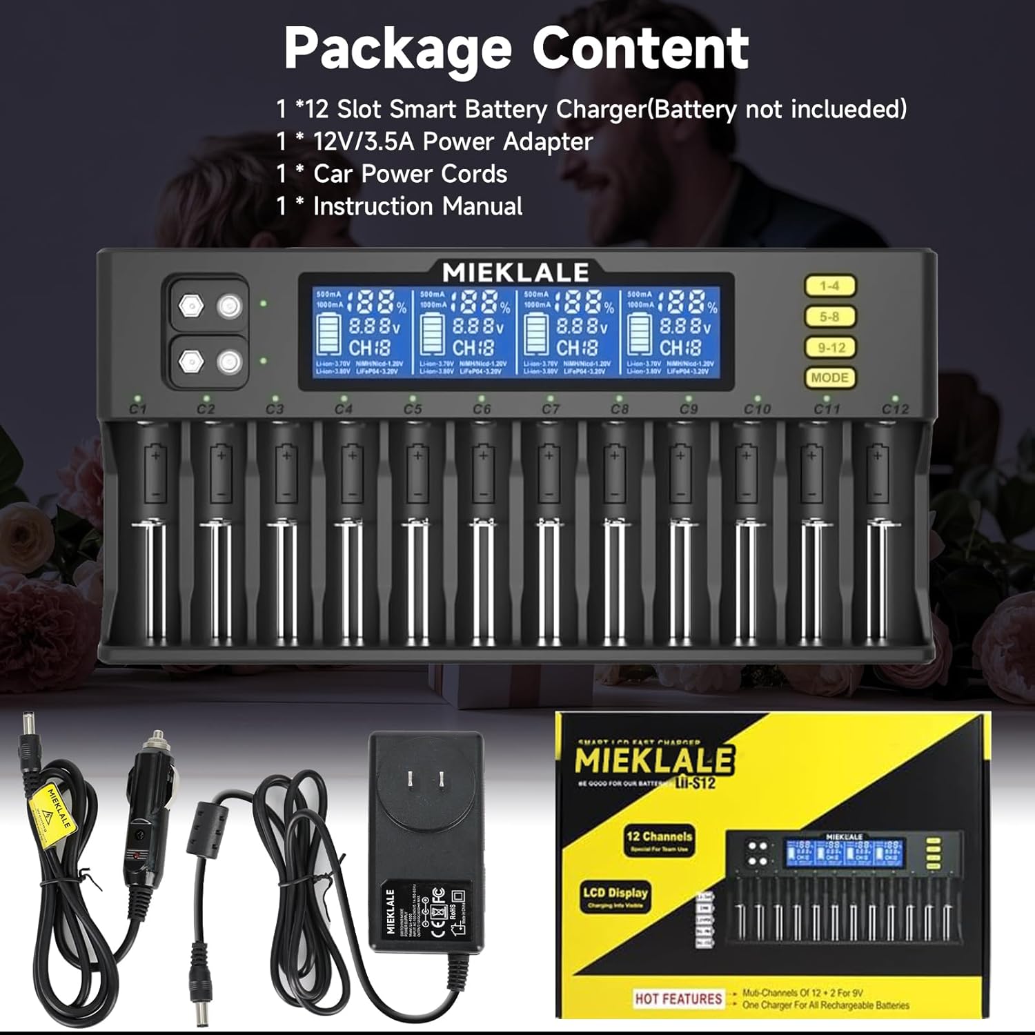 MIEKLALE 12+2 Bays Universal Battery Charger package contents including charger, power adapter, and car cord.