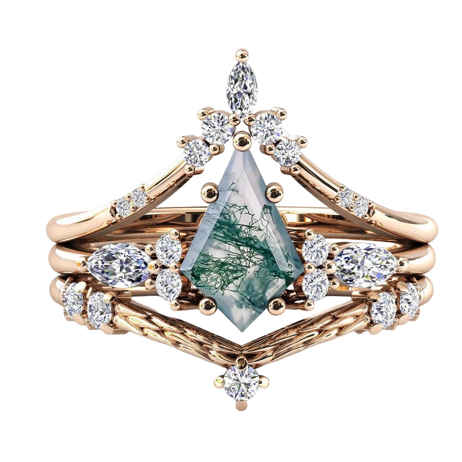 JELAFU Kite Cut Moss Agate Stackable Ring