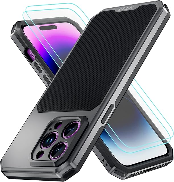 WIFORT for iPhone 14 Pro Max Case Shockproof Heavy Duty Cover Tough Armour Metal Case with [2pcs 9H HD Screen Protector], Outdoor Rugged Protective Cover for iPhone 14 Pro Max, 6.7 Space Black