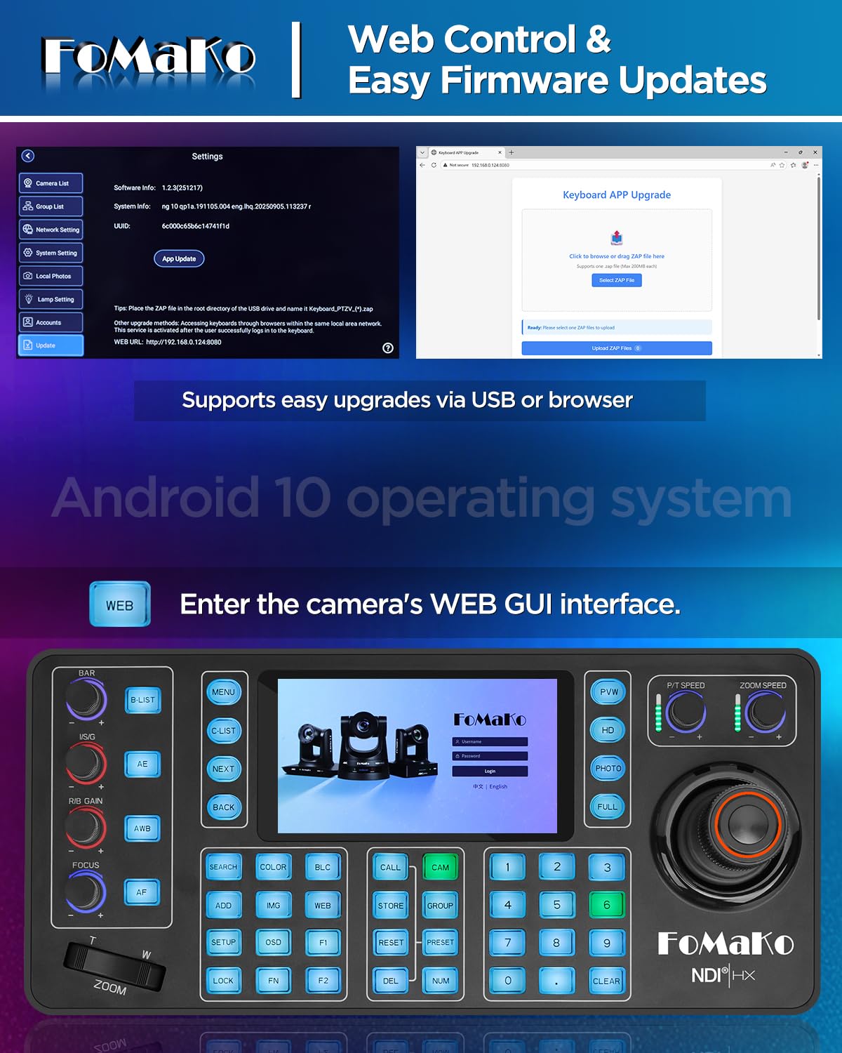 FoMaKo NDI PTZ Camera Controller KC608N–Touchscreen capacitivo da 5,5", Anteprima 4K, Joystick 4D Hall, PoE, Supporto VISCA/Pelco/NDI HX – per Chiesa, Culto, Istruzione, Conferenza ed Eventi dal Vivo
