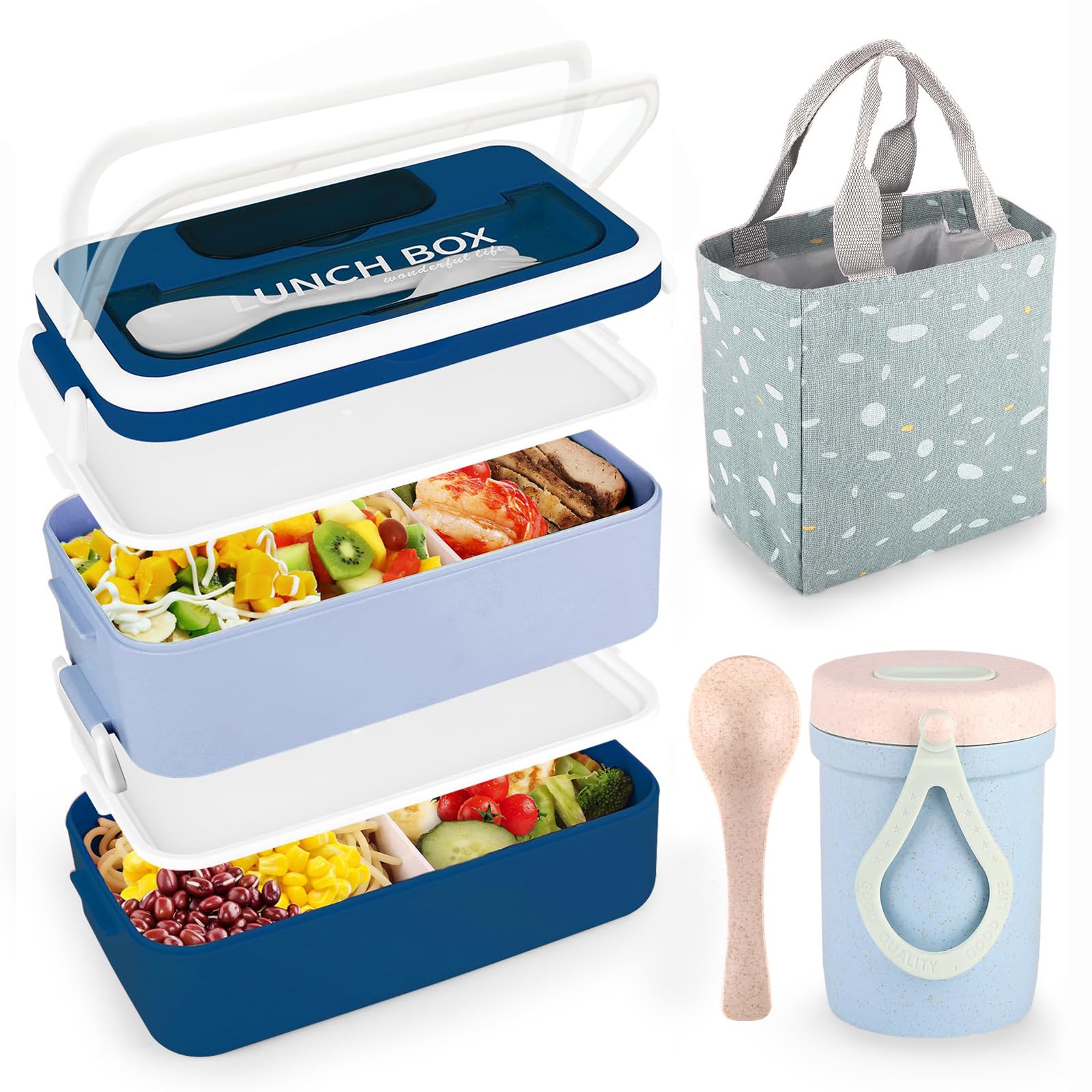 Bento Lunch Box Adult 1600ml Lunchbox Stackable with Compartments and Bag (Blue)