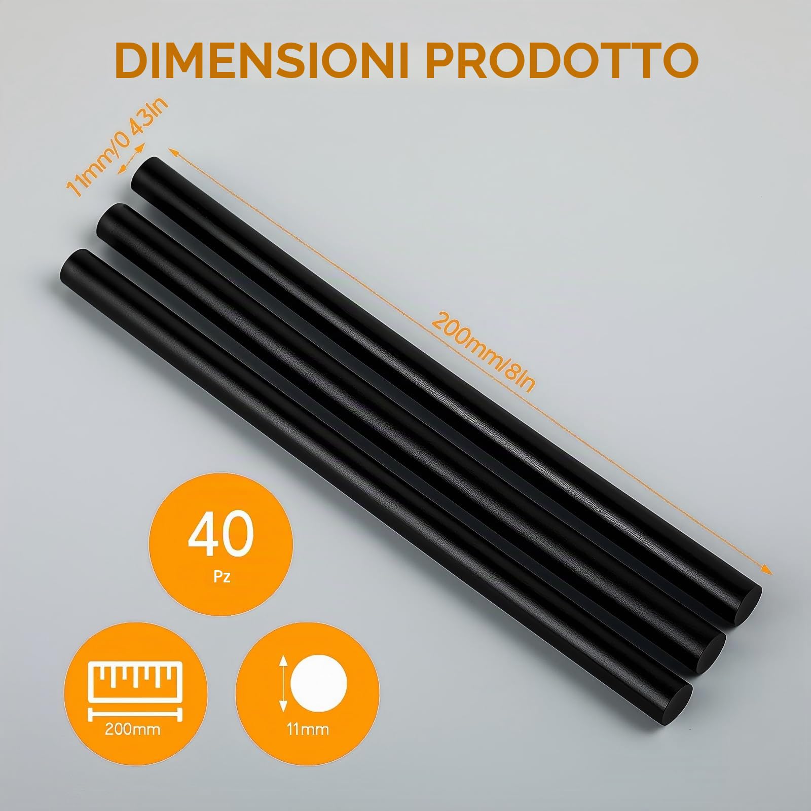 40 pezzi stick colla a caldo Ø11x200 mm – Nero, ricarica colla a caldo per pistola, bastoncini per pistola colla a caldo, colla caldo, colla a caldo ricariche
