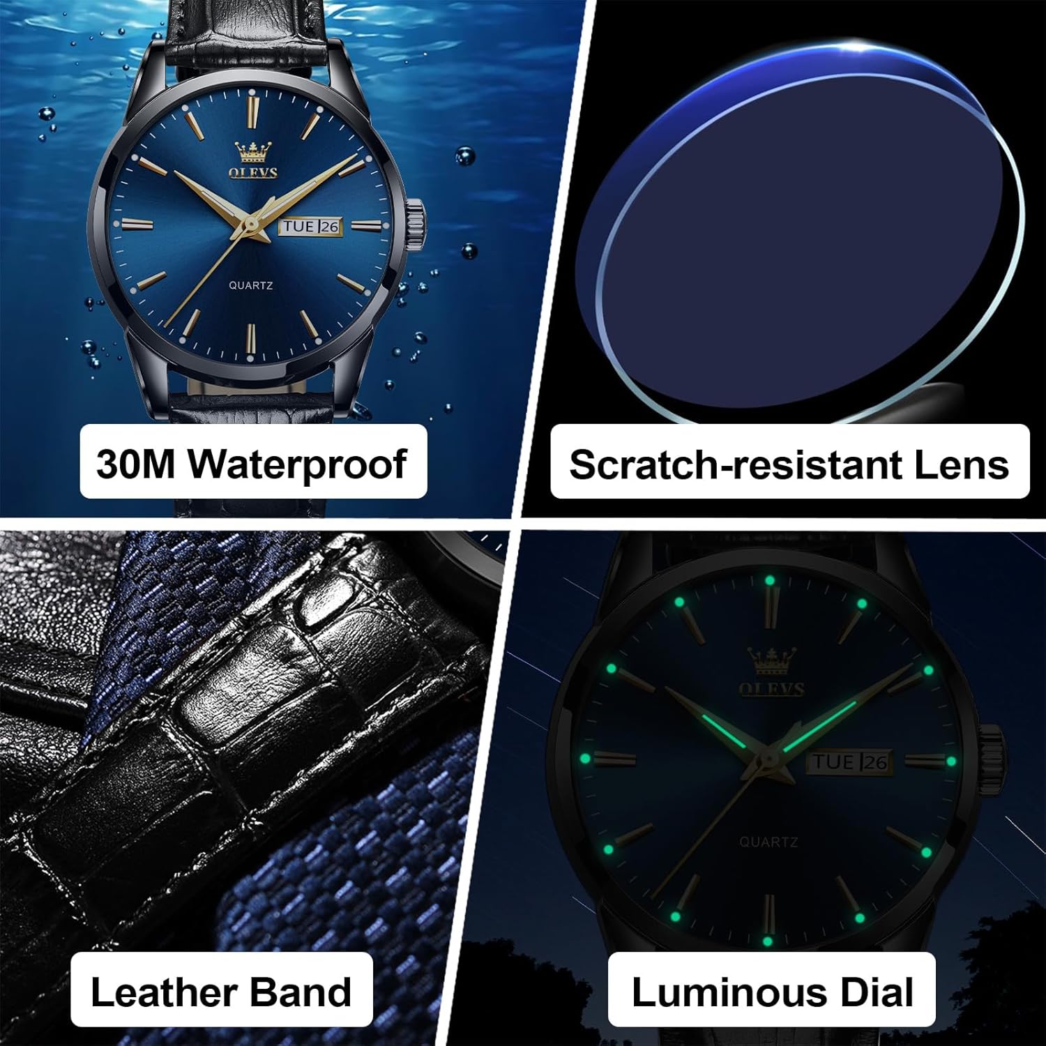 QBAIZI Men's Casual Leather Watch, Easy to Read Three-Hand Analog Stainless Steel Watches for Men, Minimalist Day Date Waterproof Luminous Mens Quartz Wristwatch