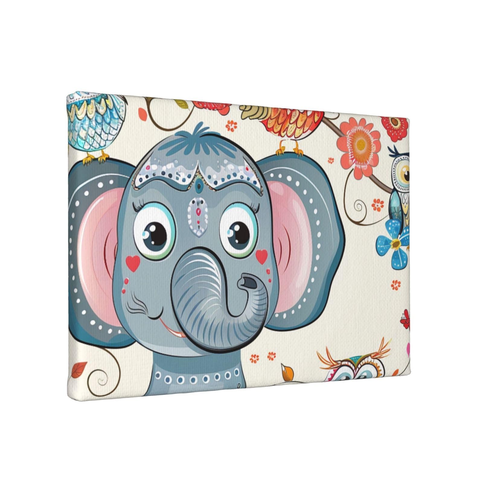 YKLJG Cartoon Elephant and Owls Floral Printed Wall Art Canvas Painting 30x20 CM Wooden Framed Picture Painting Artwork Prints for Bedroom Kitchen Home Office Decor