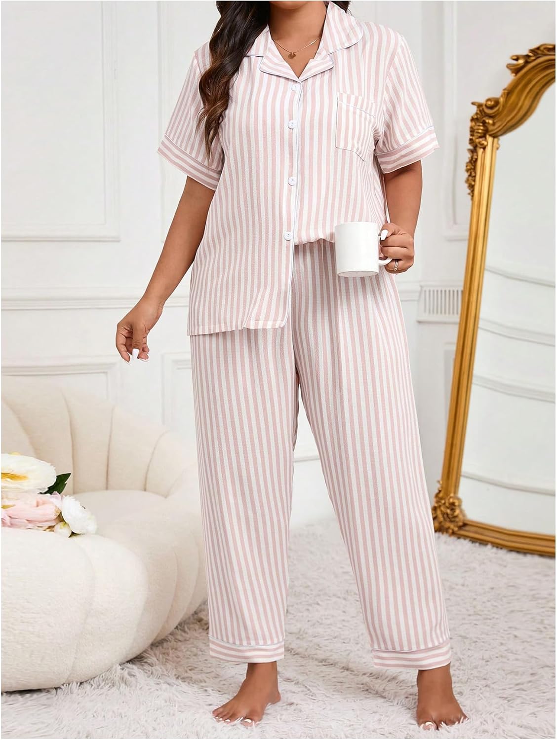 Verdusa Women's Plus Size 2 Piece Striped Pajama Sets Lounge Sleepwear Button Down Shirt with Pants - Image 3