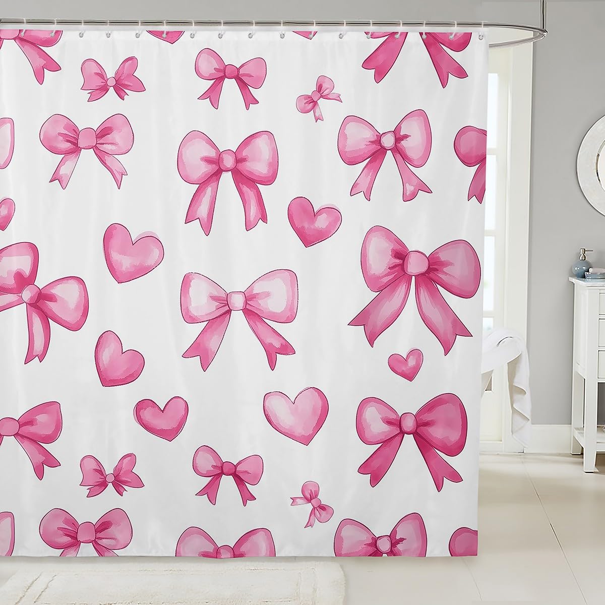 Erosebridal Pink Bow 72" Wx72 L Bathroom Curtain for Girls,Kawaii Love Bowknot Kids Bath Curtains Cute Girly Bow Shower Curtains Romantic Heart